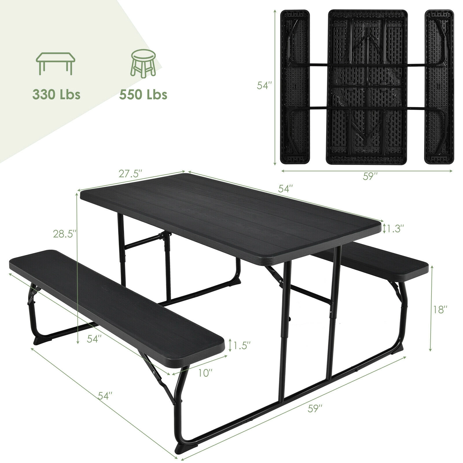 SUGIFT Indoor and Outdoor Folding Picnic Table Bench Set 550-lb Bench Capacity 330-lb Desktop Capacity Black