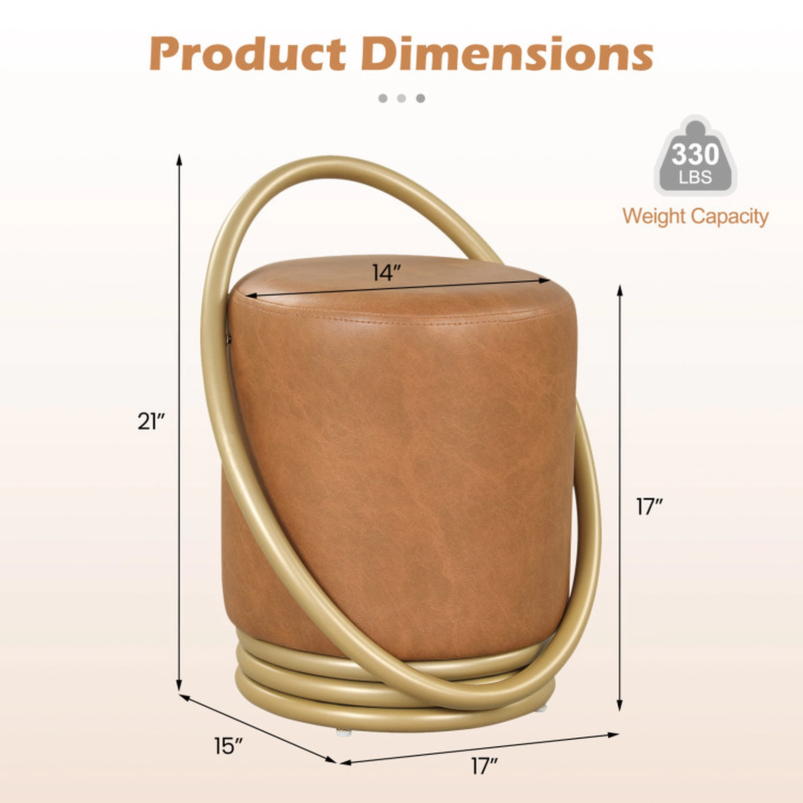 SUGIFT Round Faux Leather Vanity Stool with Metal Halo Frame 330-lb Capacity 21-in Tall Brown and Gold