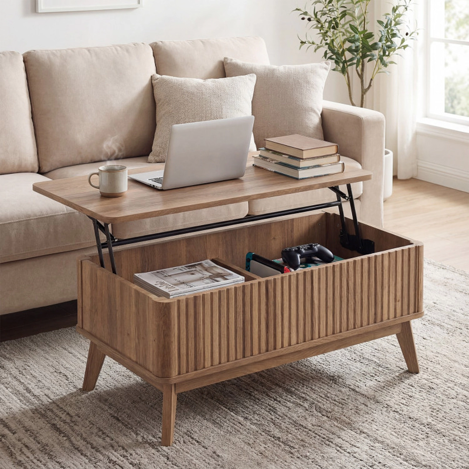 SUGIFT Fluted Lift Top 2 Hidden Compartments Rubber Wood Coffee Table 35.5-in x 20-in x 16.5-in 220-lb Capacity Walnut