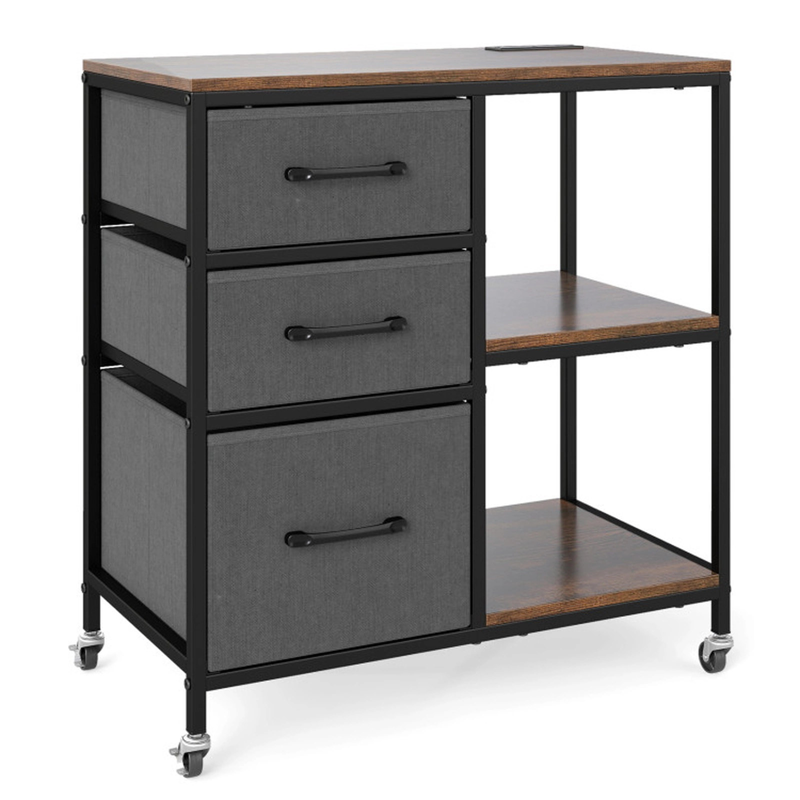 SUGIFT 3-Drawer Mobile File Cabinet with Charging Station and Open Shelves 44-lb Countertop Rustic Brown and Gray