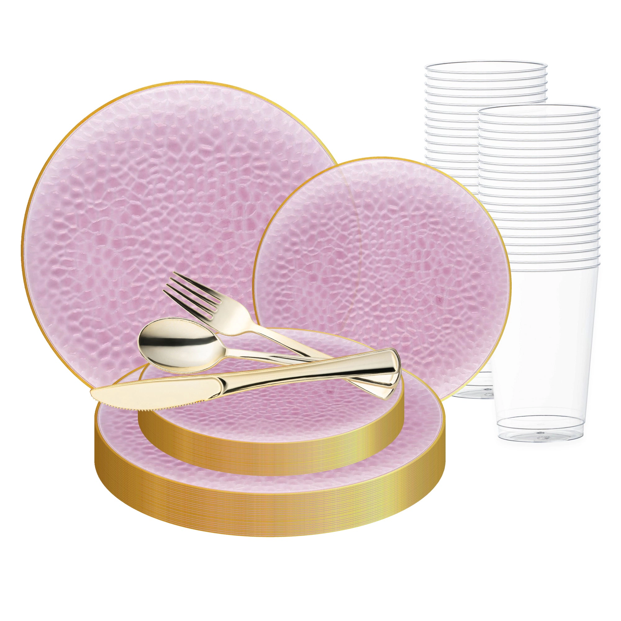 Smarty Had A Party Clear Pink with Gold Rim Hammered Glass Disposable Plastic Wedding Value Set