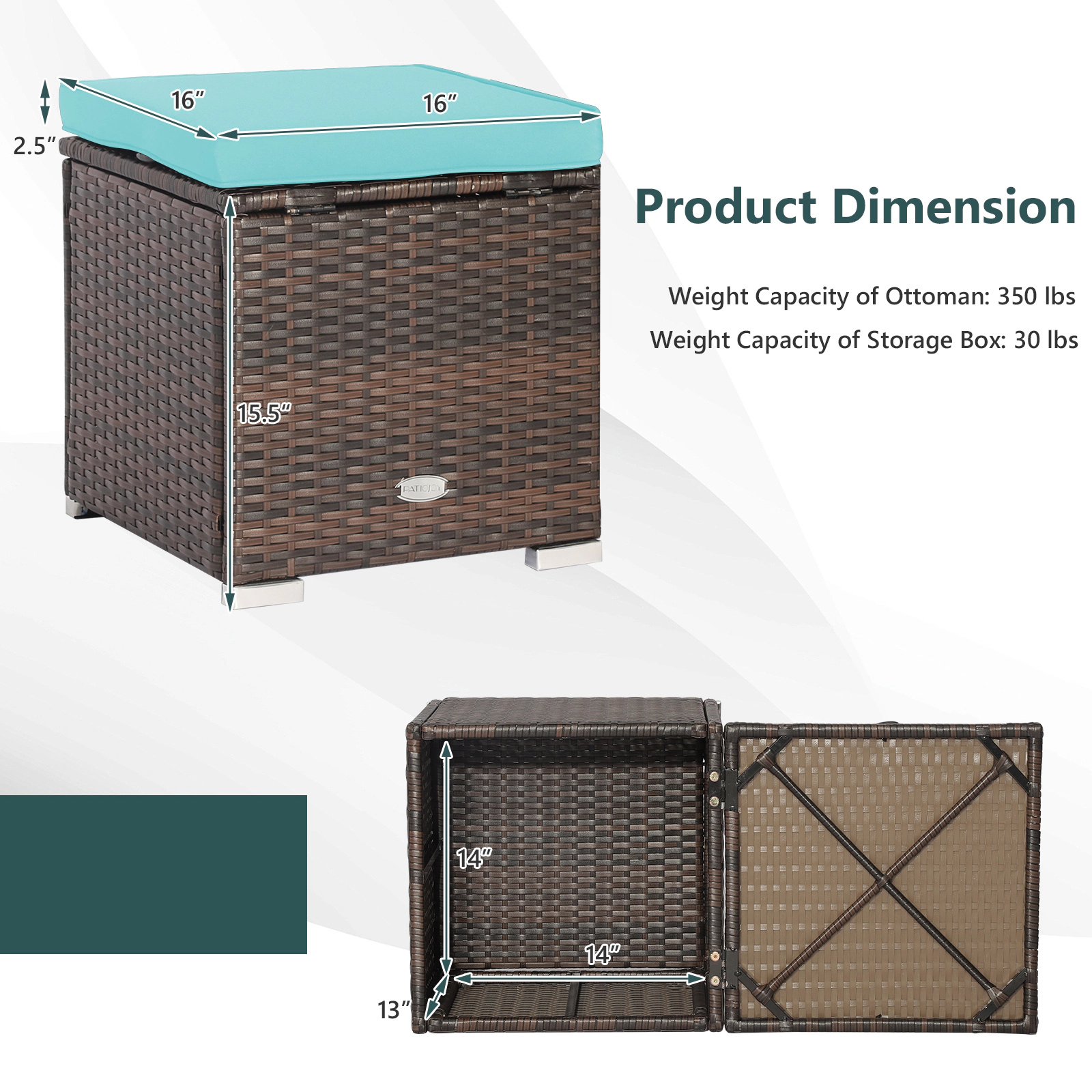 SUGIFT 2-Piece Patio Storage Ottoman Set with Removable Cushions 350-lb Top Capacity Mix Brown Rattan Turquoise