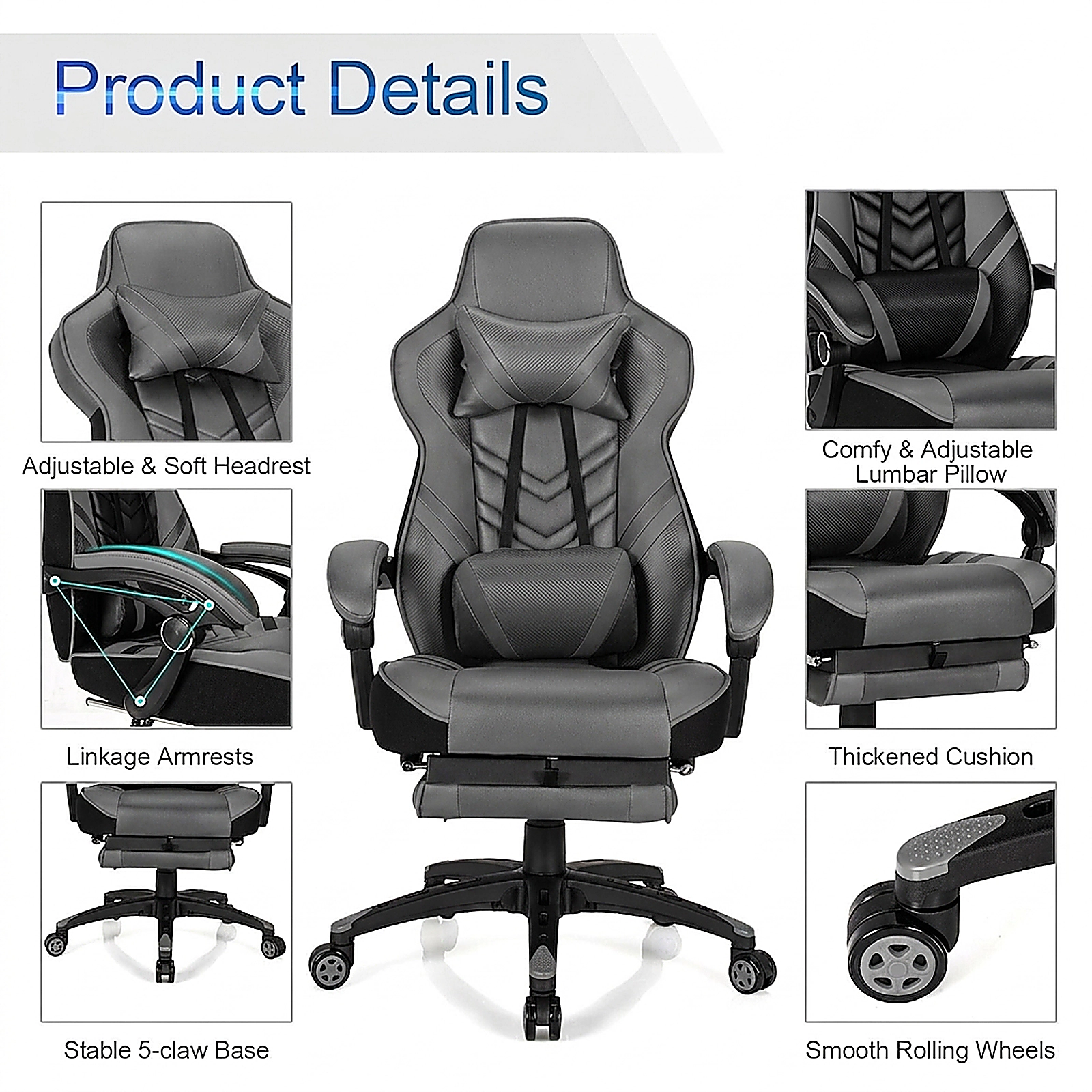 SUGIFT Adjustable Gaming Chair with Retractable Footrest Headrest and Waist Pillow