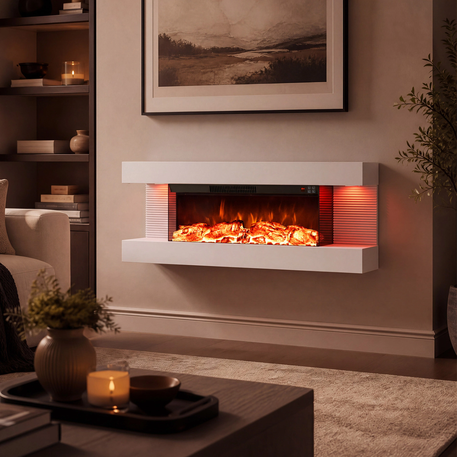 LJG 3-Sided White Wall Mount Electric WiFi Fireplace with Floating Mantel and 12 Flame Ambient Colors