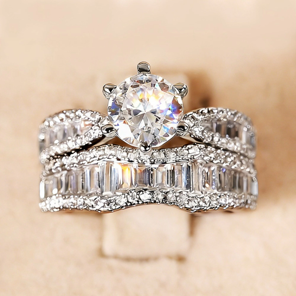 White Gold Plated Two-in-One Halo Wedding Promise Ring for Women