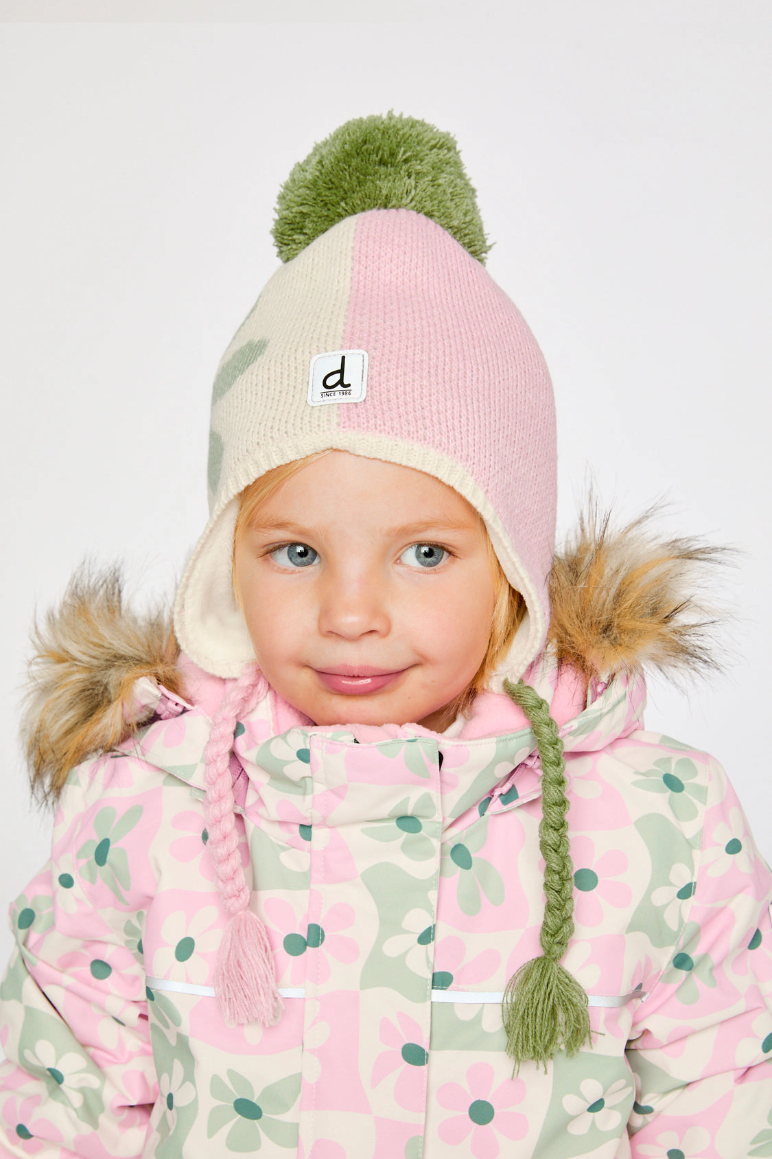 Deux par Deux Girls Color Block Winter Peruvian Knit Hat with Pompom