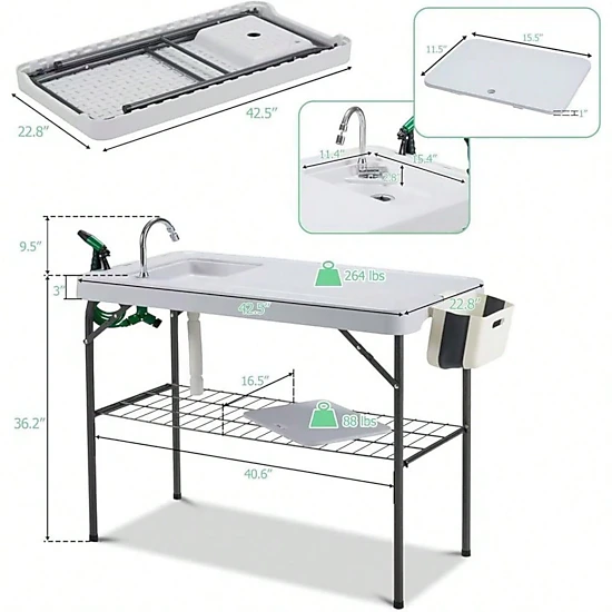 BebreezChic Folding Fish Cleaning Table with Sink, Grid Rack, Faucet ...