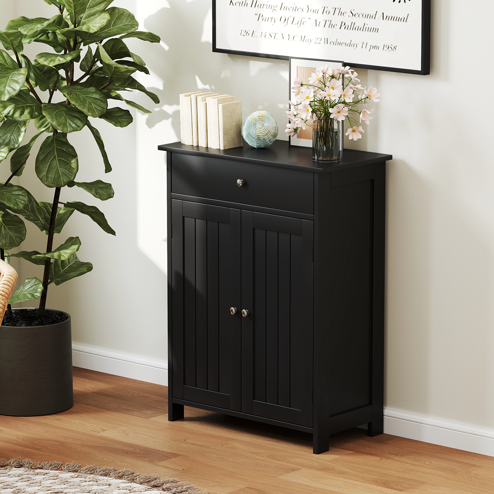 Slickblue Bathroom Floor Storage Cabinet Black MDF 2-Door Drawer Adjustable Shelf