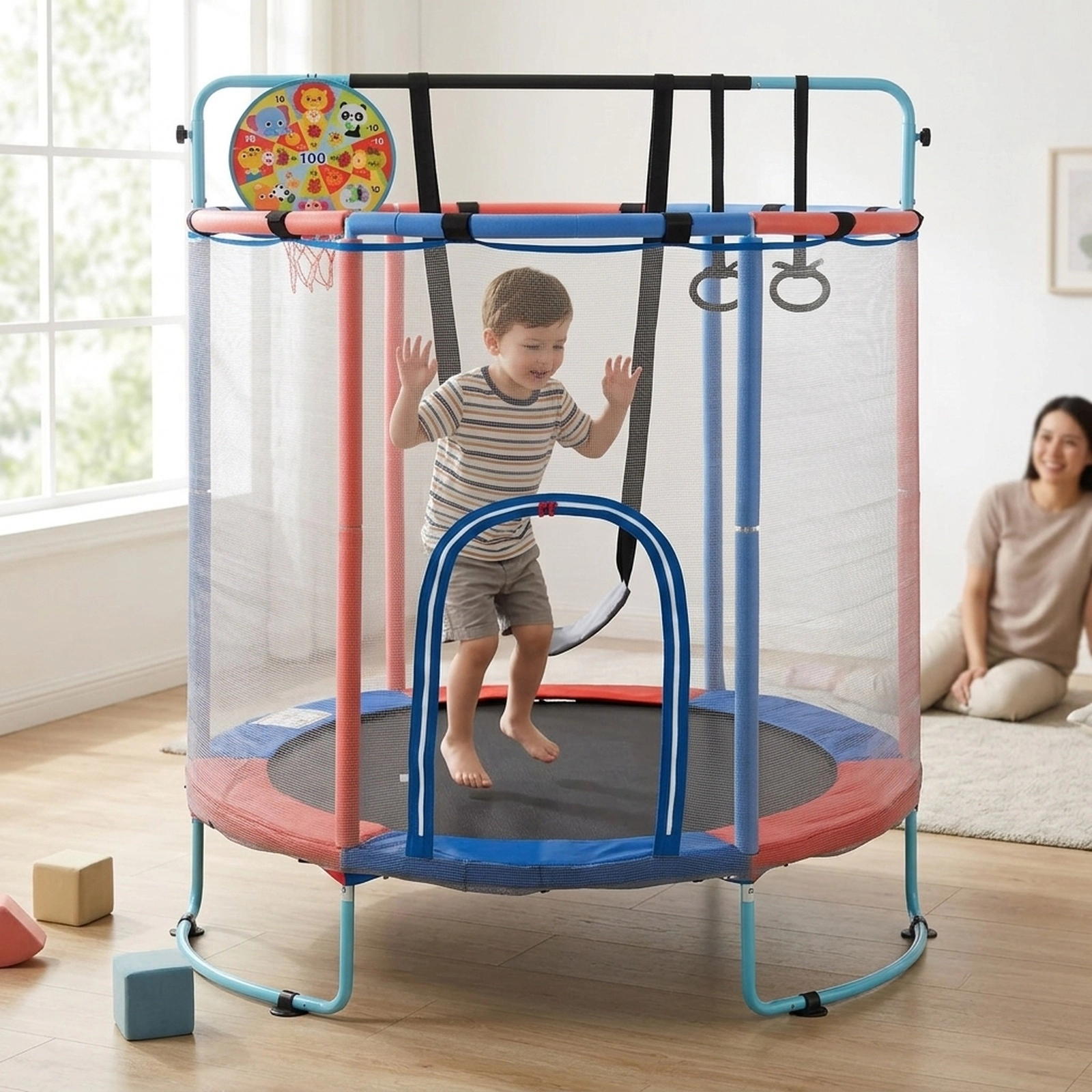 SUGIFT 55-in Kids Trampoline with Adjustable Gymnastics Bar & Basketball Hoop 110-lb Capacity Ages 3+ Navy/Purple/Yellow