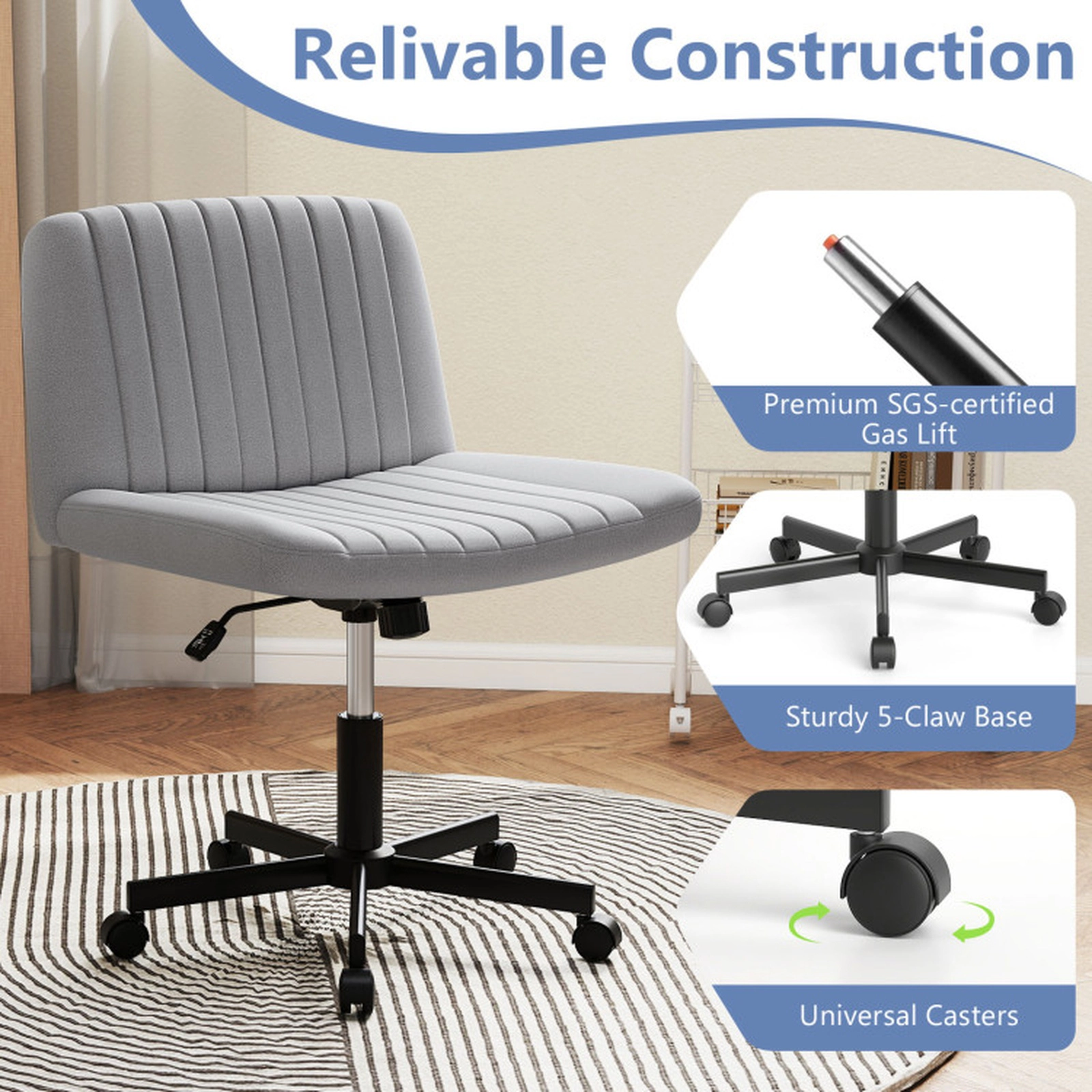 SUGIFT 350-lb Capacity Gray Armless Criss Cross Legged Swivel Desk Chair with Wheels and Wide Linen Seat