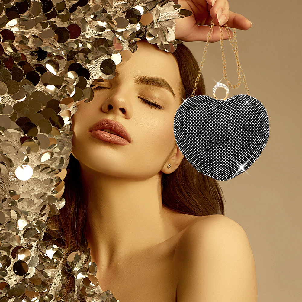 Fashnzfab Rhinestone Embellished Heart Evening Clutch Crossbody Bag