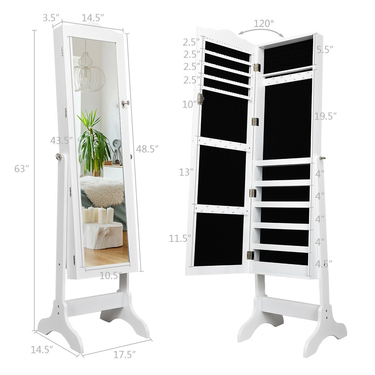 SUGIFT White 4-Angle Tilting Mirrored Jewelry Cabinet Lockable Floor Mirror Armoire with Large Storage