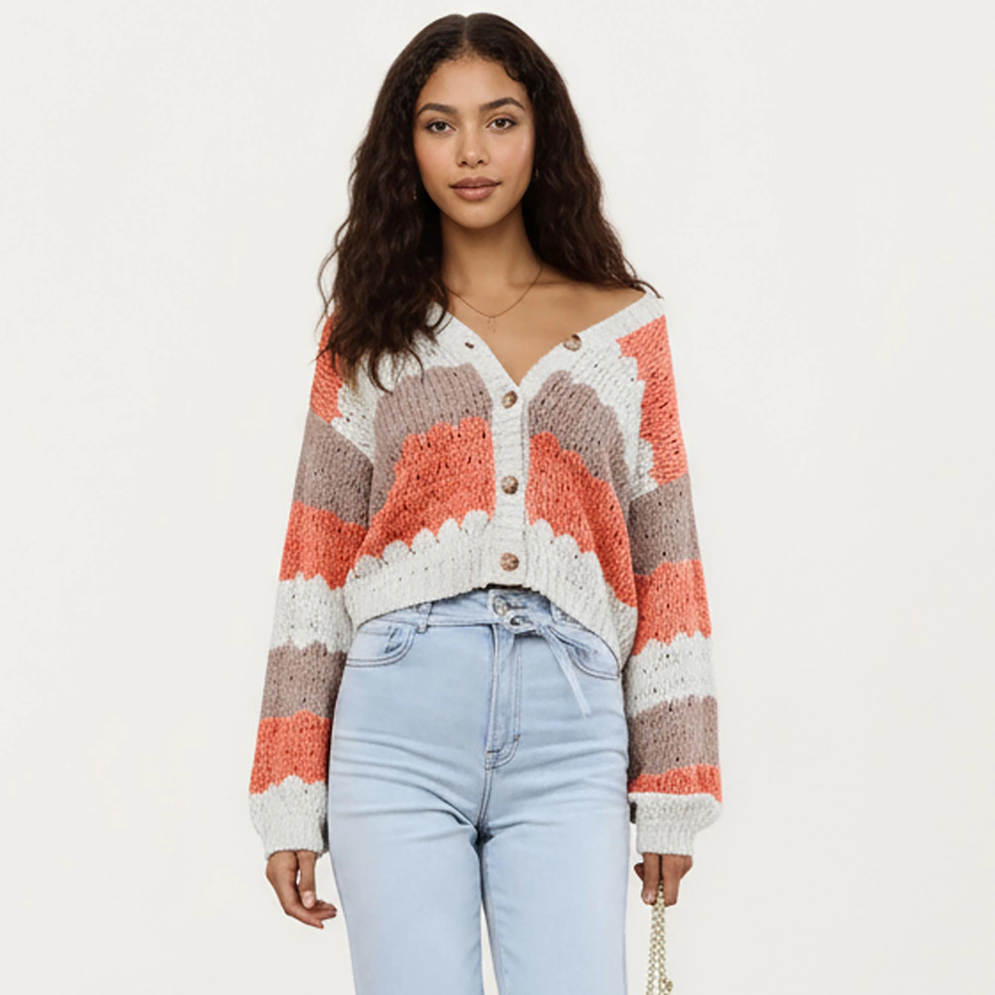 Anna-Kaci Women's Textured Knit Button Front Top with Long Sleeves, Scalloped Stripe Pattern and Cropped Fit