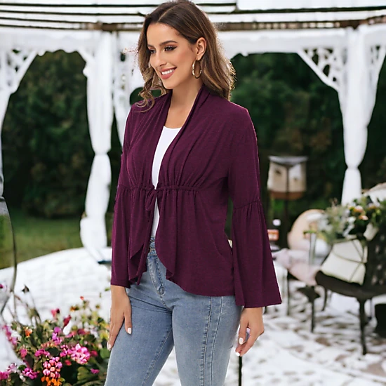 Anna-Kaci Women's Casual Lightweight Cardigans Soft Draped Ruffles Flare Sleeve Cardigan