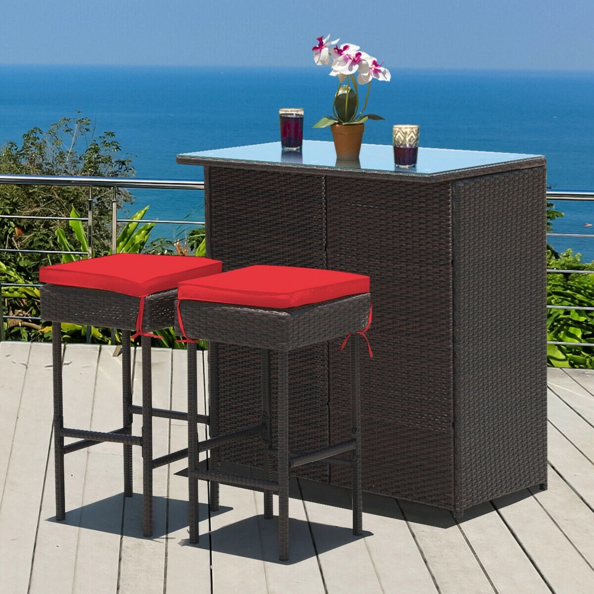 LJG 3PCS Patio Rattan Wicker Bar Table Stools Dining Set