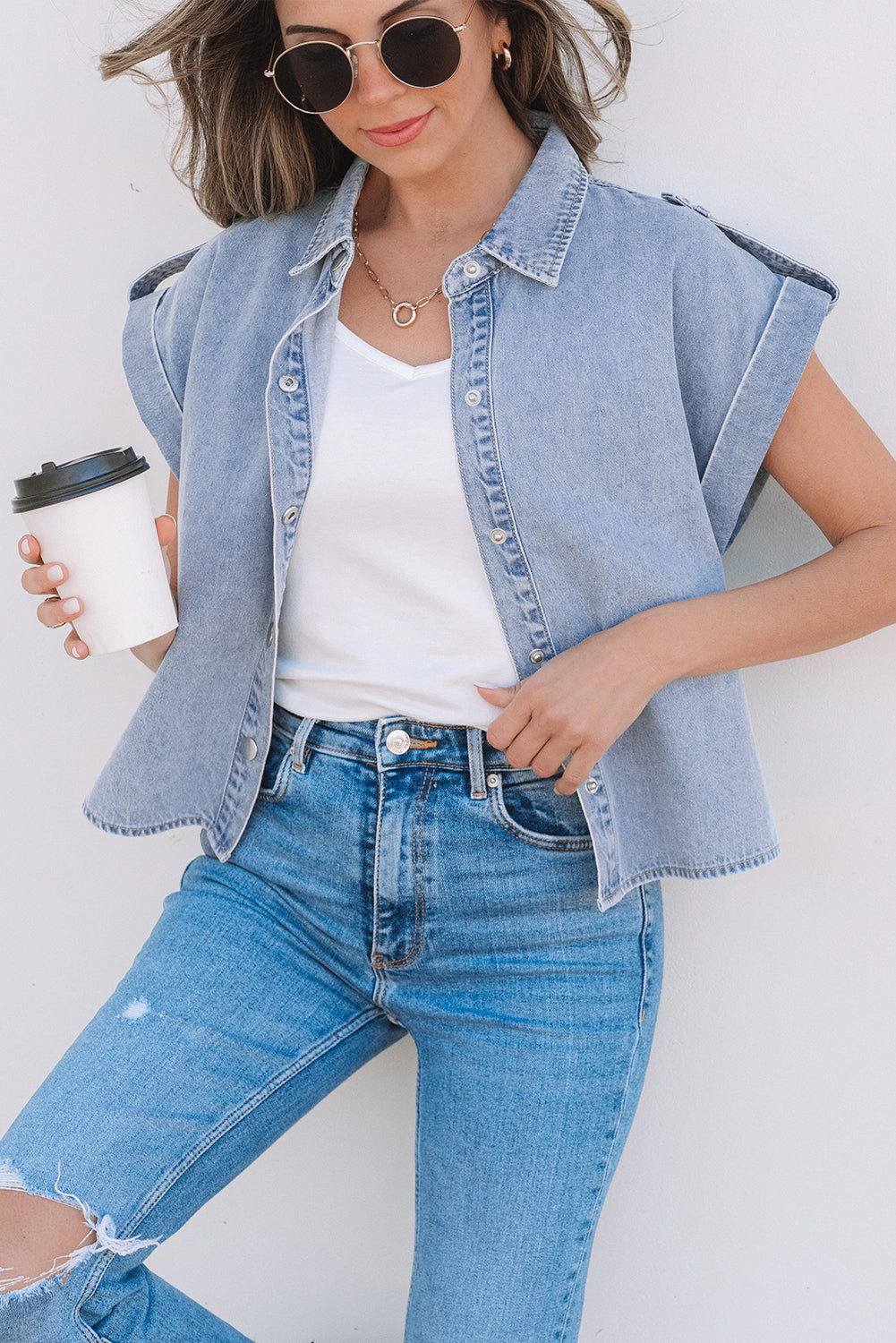 Threaded Pear Women's Emelia Denim Pinup Folded Cap Sleeve Shirt