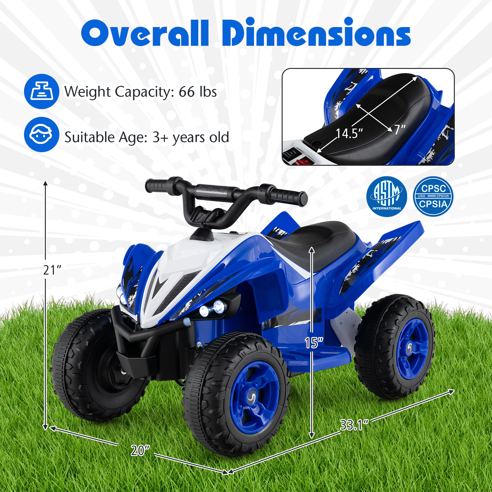SUGIFT 12V Rechargeable Kids Ride On ATV 4-Wheeler Quad with LED Headlights 7-mph Max Speed 66-lb Capacity Ages 3+ Navy
