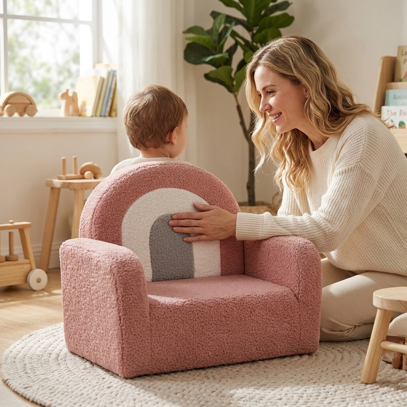 SUGIFT Pink Toddler Armchair with Teddy Fleece, Padded Arms and Wood-Like Legs