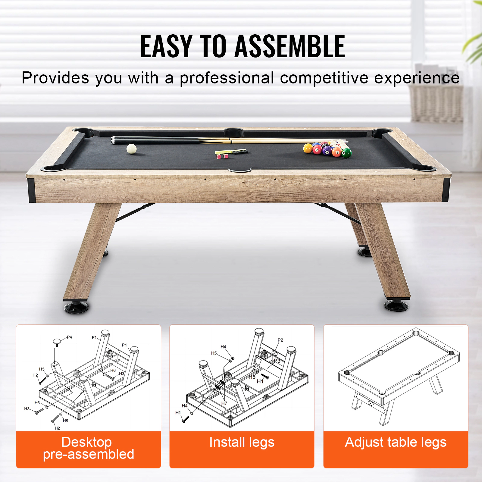 HONGGE 7 FT Pool Table with Adjustable Legs, Balls, Cues & Chalk Set Included, Wood Color Billiards Table