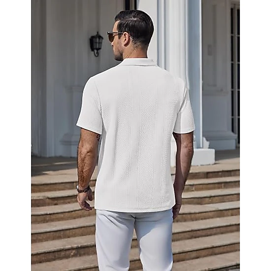COOFANDY Mens Textured Polo Shirts Short Sleeve Button Collar Striped Casual Tops