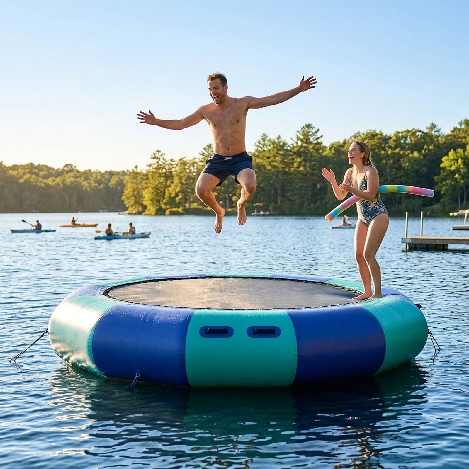 10-ft Inflatable Lake Trampoline Floating Water Bouncer 500W Electric Inflator Rope Ladder Anchor 330-lb Ages 14+ Blue