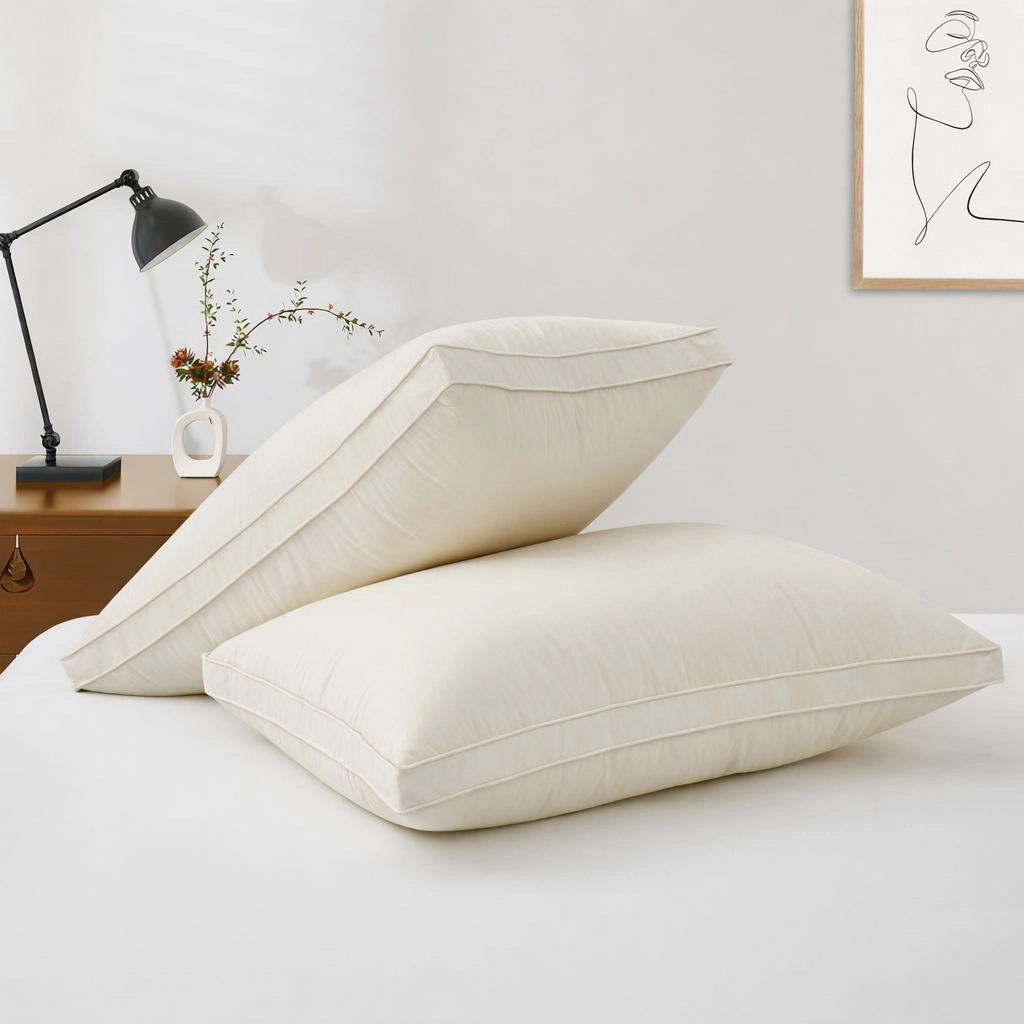 Puredown Selected Organic Cotton Layered Down Pillow Set of 2, Gusseted, Made in Germany