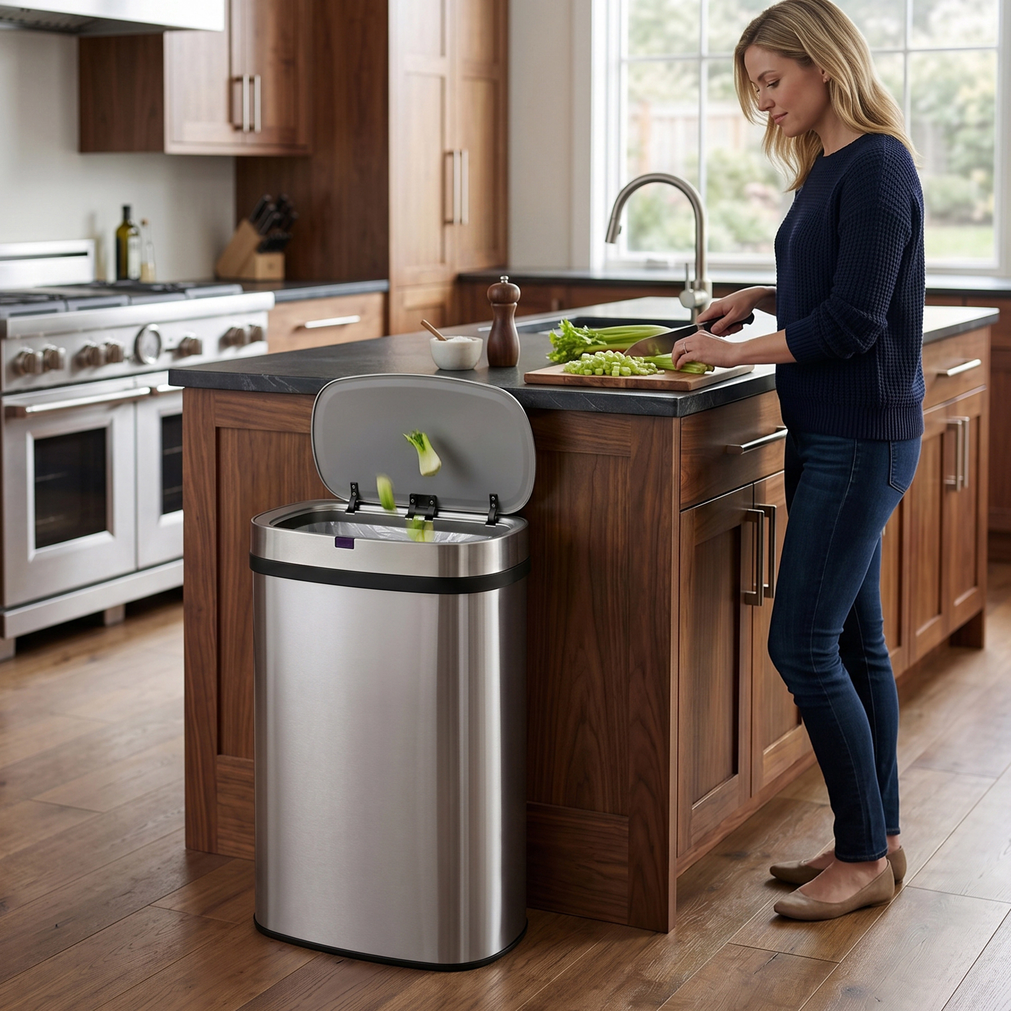 Innovaze 16 Gal. Touchless Motion Sensor Stainless Steel Kitchen Trash Can, Oval Design, Includes 45 Trash Bags, Silver