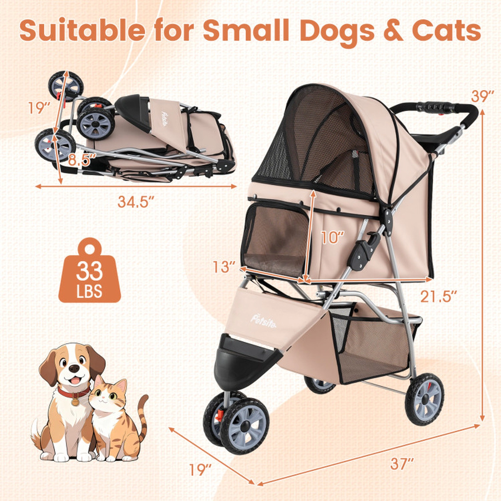 SUGIFT 3-Wheel Folding Pet Stroller for Small Dogs and Cats 33-lb Capacity Black/Beige