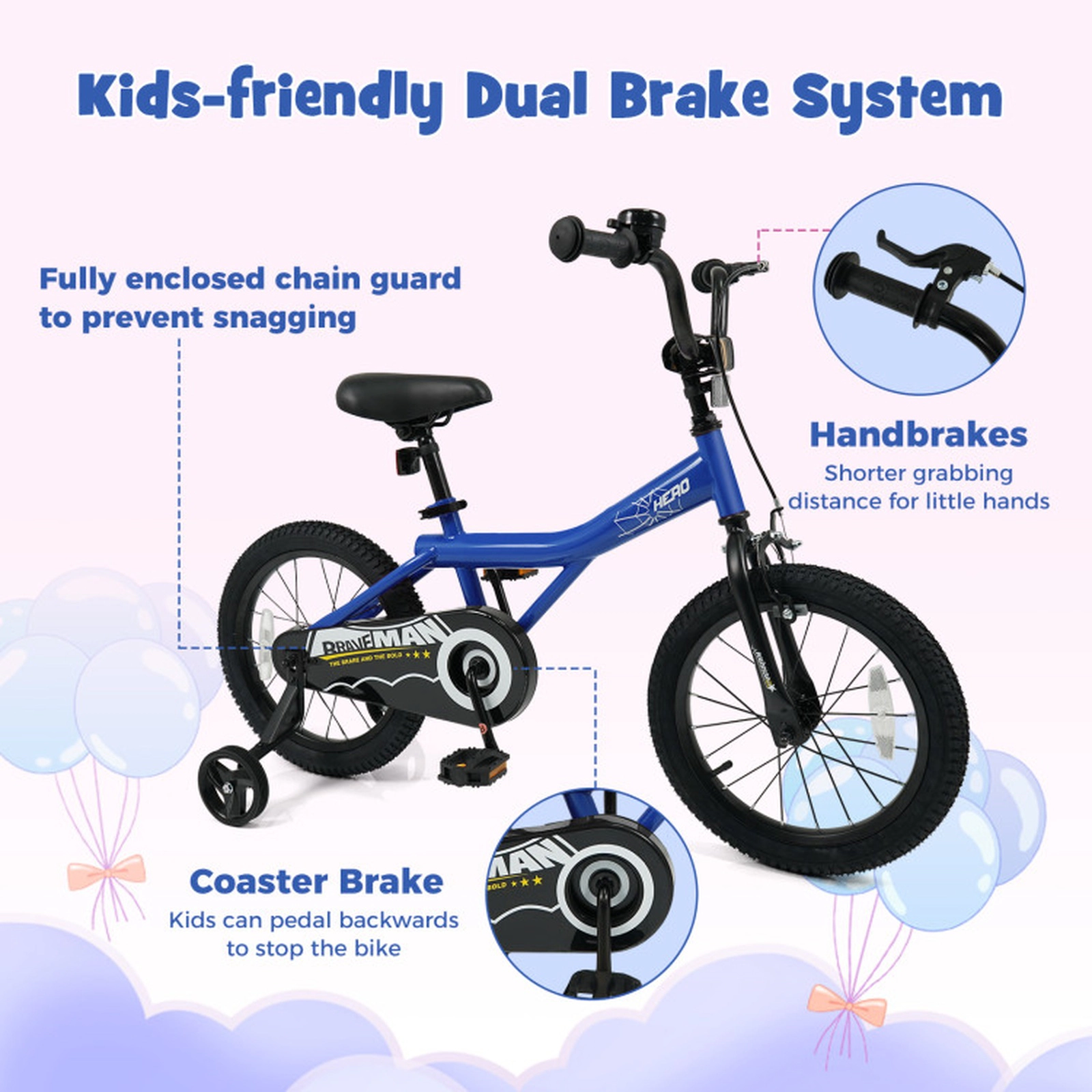 SUGIFT 16-in Navy Kids Bike with Removable Training Wheels Padded Saddle and Enclosed Chain Guard