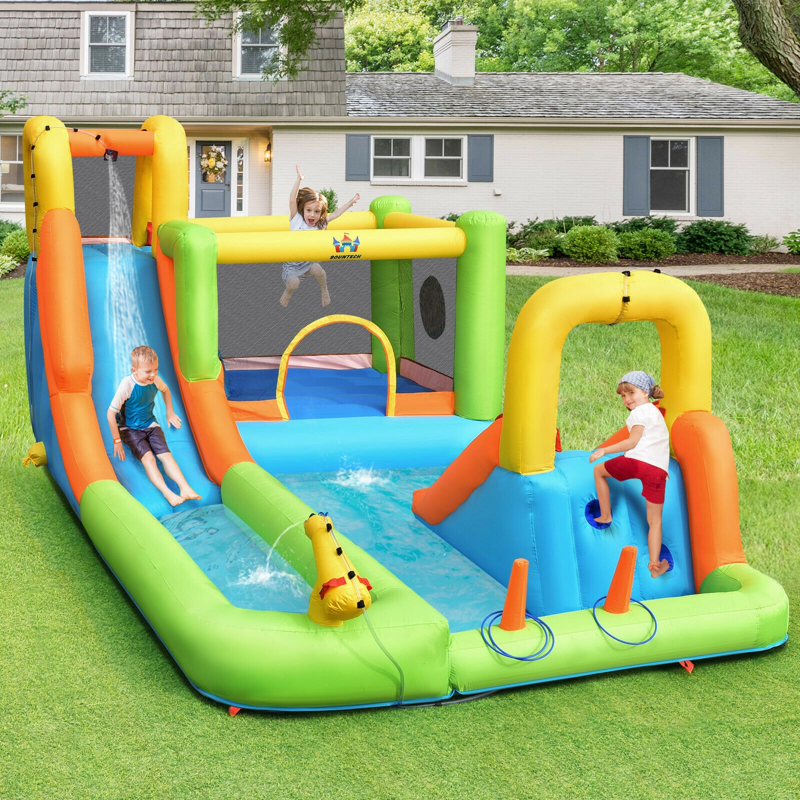 SUGIFT 8-in-1 198 x 114-in Inflatable Water Slide Bounce House with Splash Pool Climbing Wall and 735W Blower