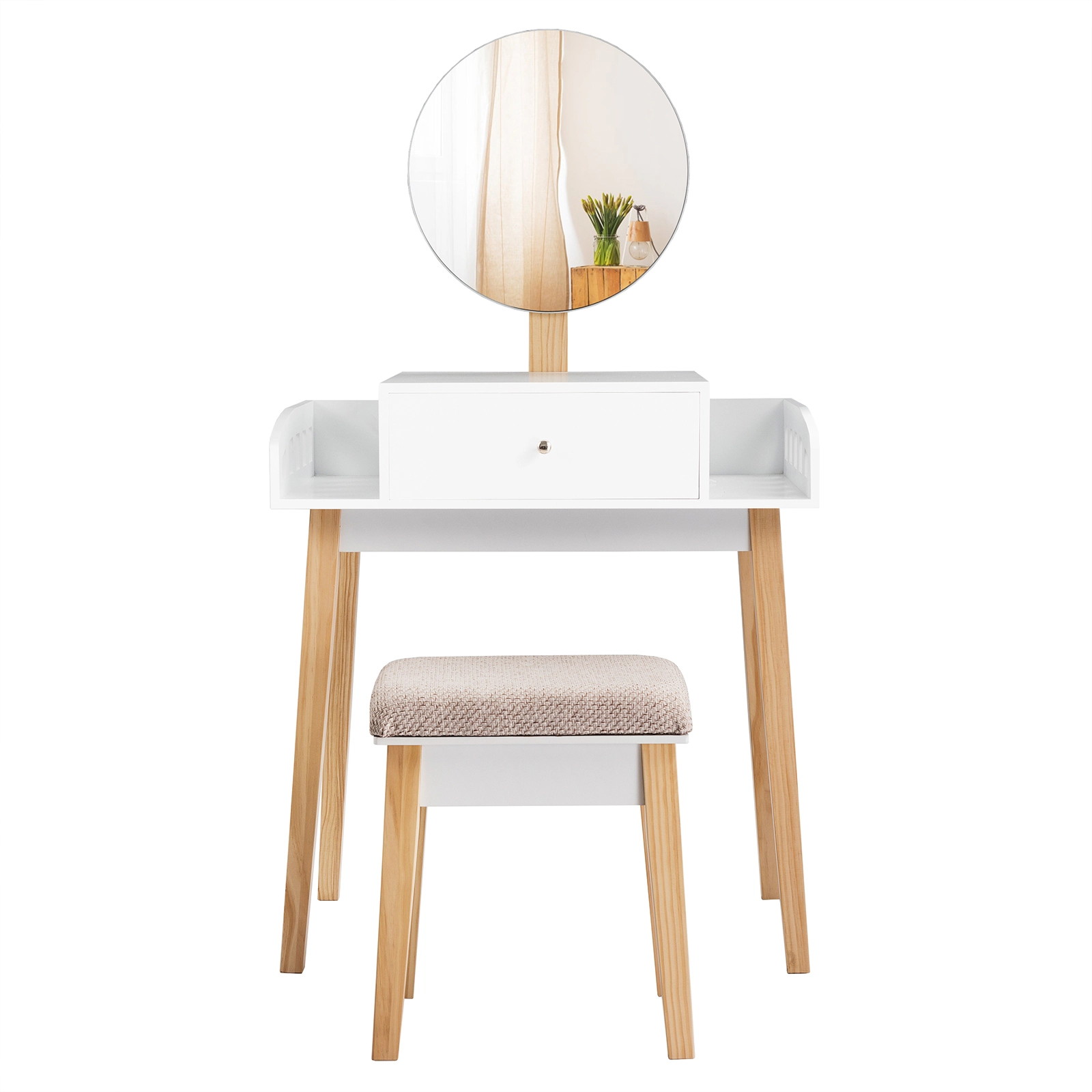 SUGIFT 2-Piece Makeup Vanity Set with 16-Inch Round Mirror and Cushioned Stool