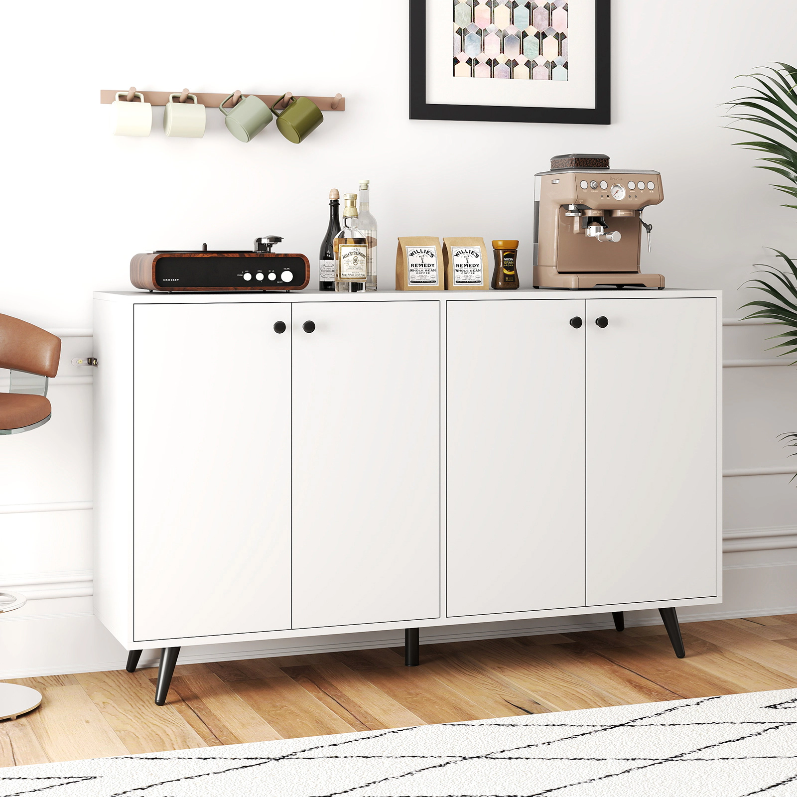 SUGIFT 50-in 90-lb Tabletop White Mid-Century Modern Buffet Sideboard with 4 Doors and 5-Position Shelves