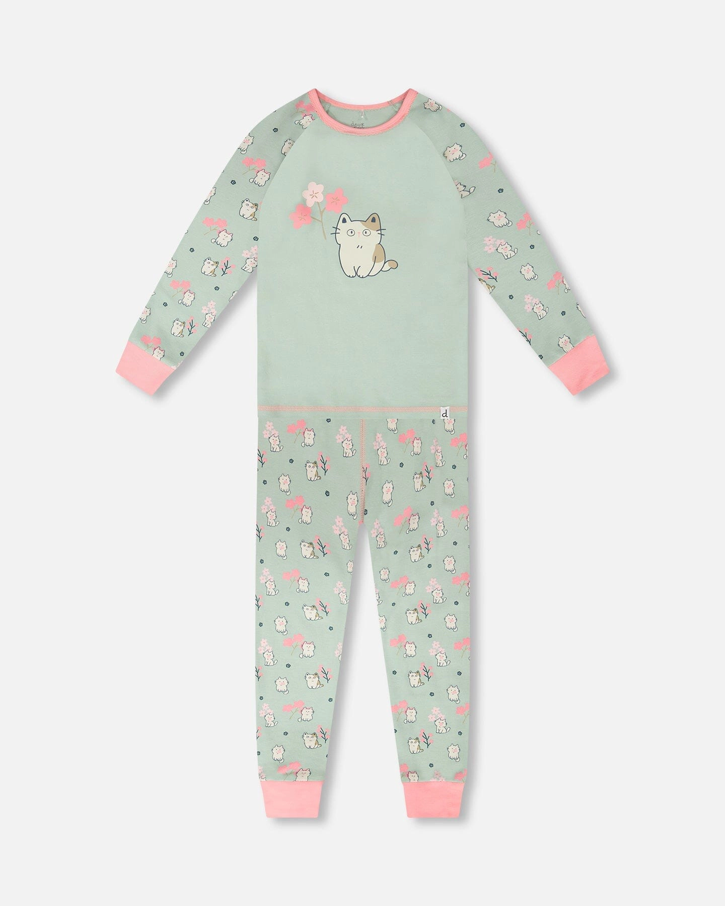 Deux par Girls Organic Cotton Kitten Print Long Sleeve Top and Pants Two-Piece Pyjama Set