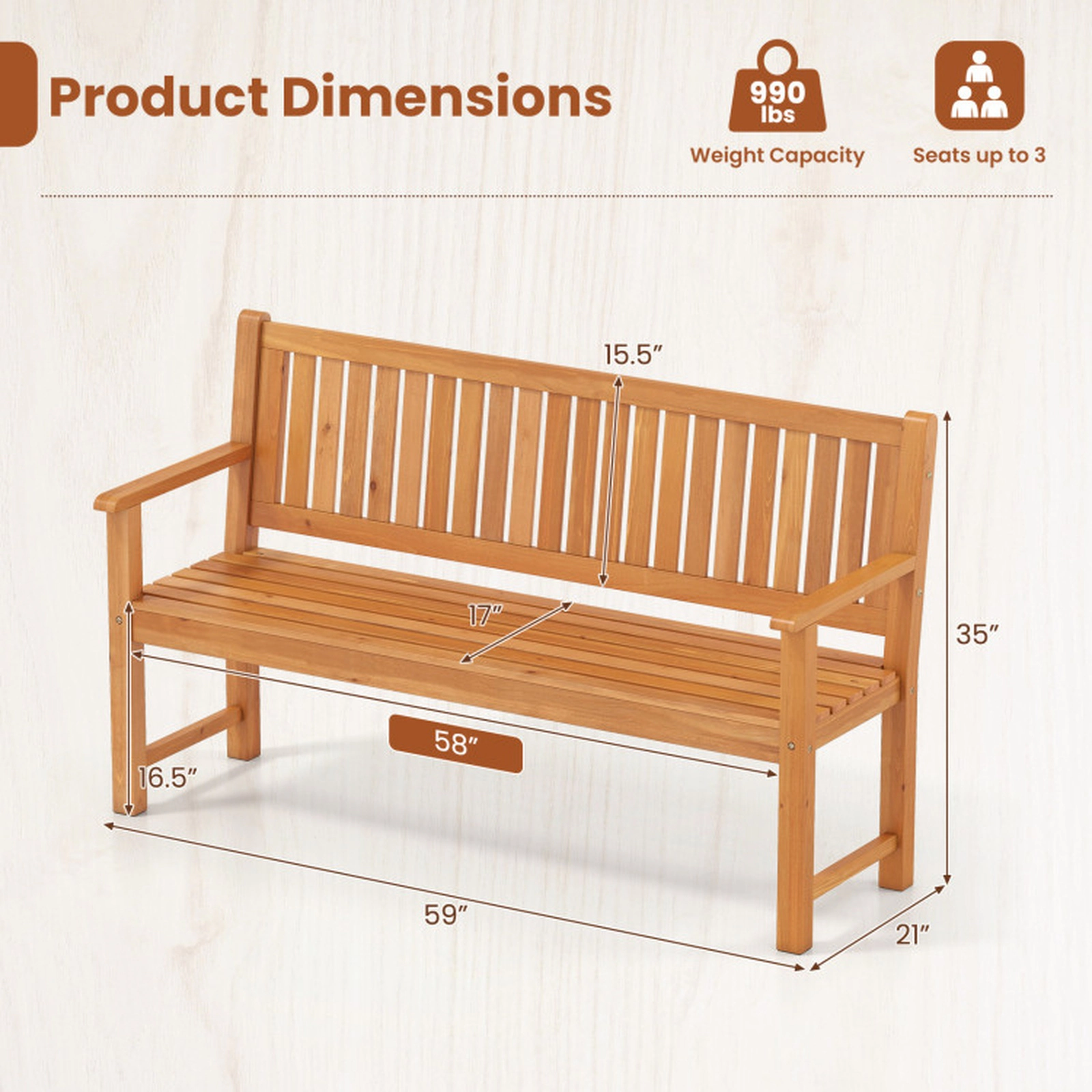 SUGIFT 3-Seater Outdoor Fir Wood Bench 990-lb Capacity Garden Bench with Backrest Brown/Natural