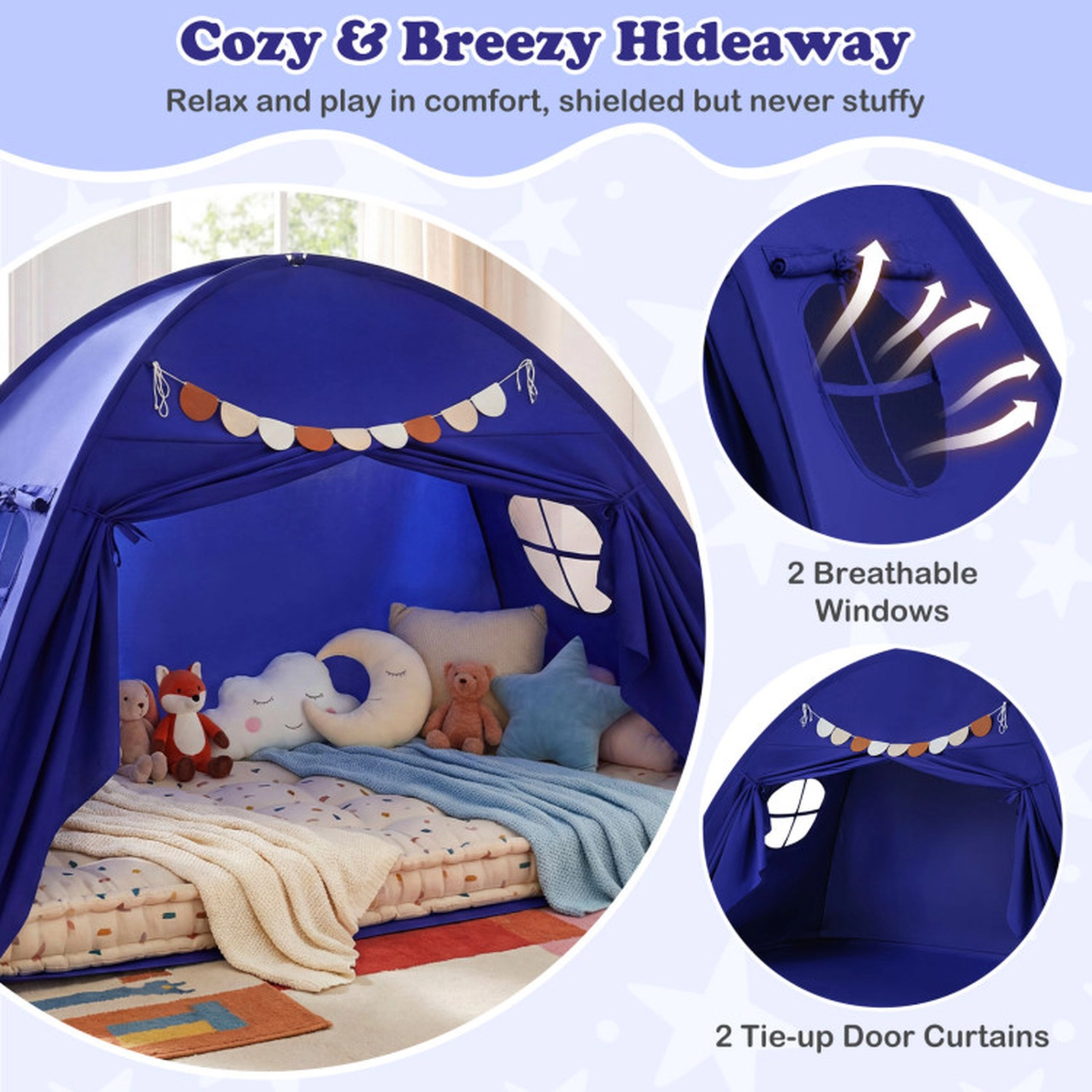 SUGIFT Navy 2 Windows Twin Size Kids Indoor Bed Canopy Tent