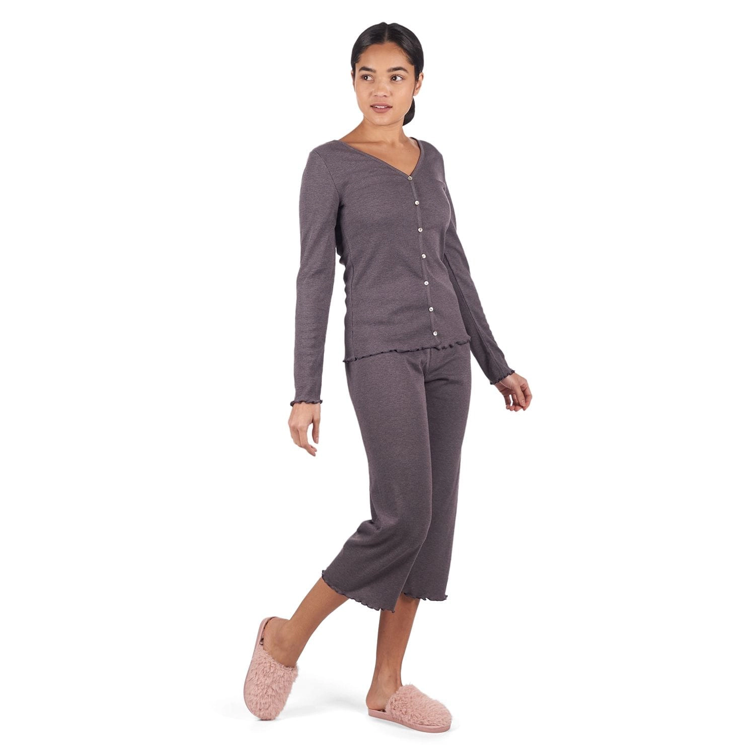 MeMoi Women's Ruffled Lettuce Edge Rib Long Sleeve and Capri Set