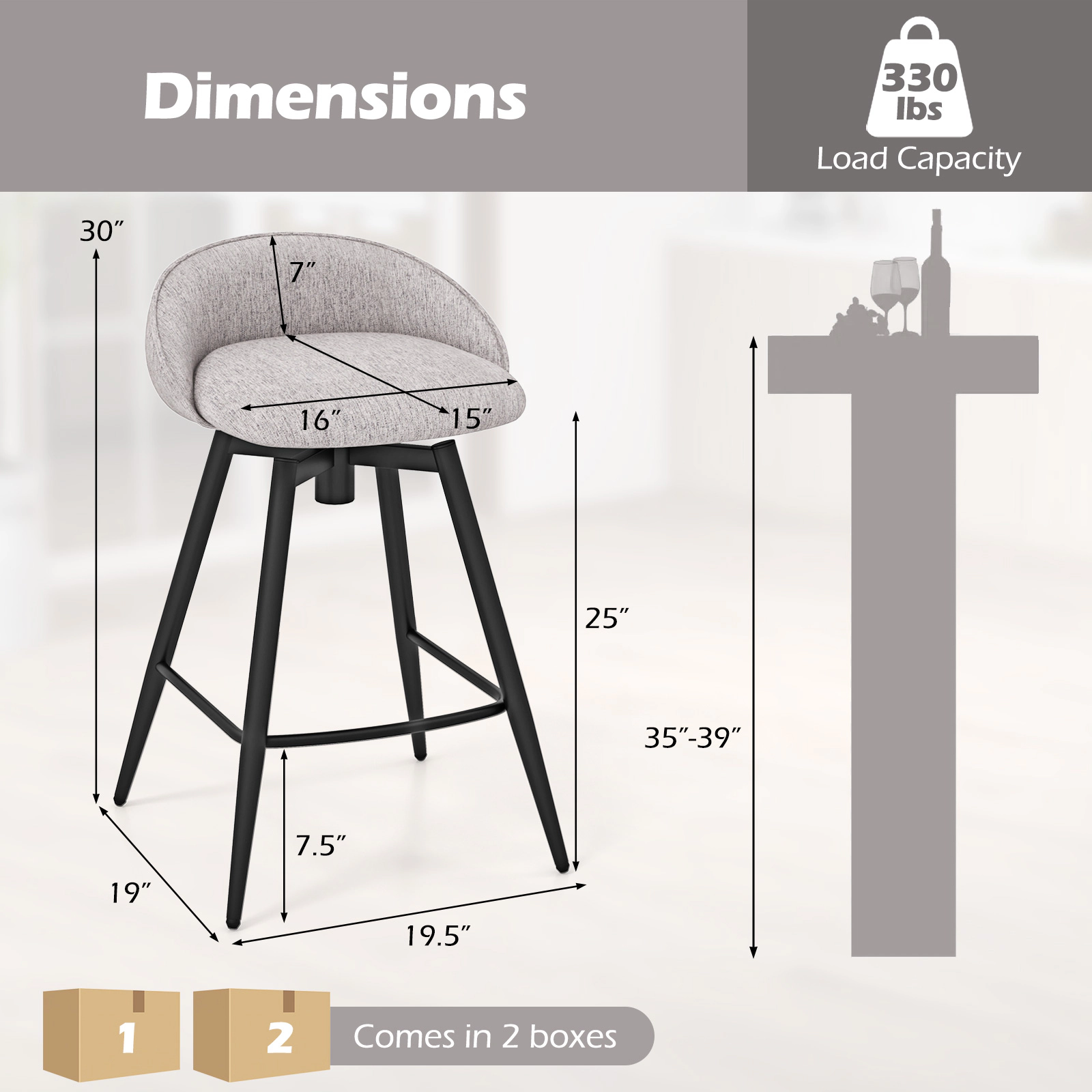 SUGIFT Gray Low Backrest and Footrest Set of 2 Upholstered Swivel Bar Stool