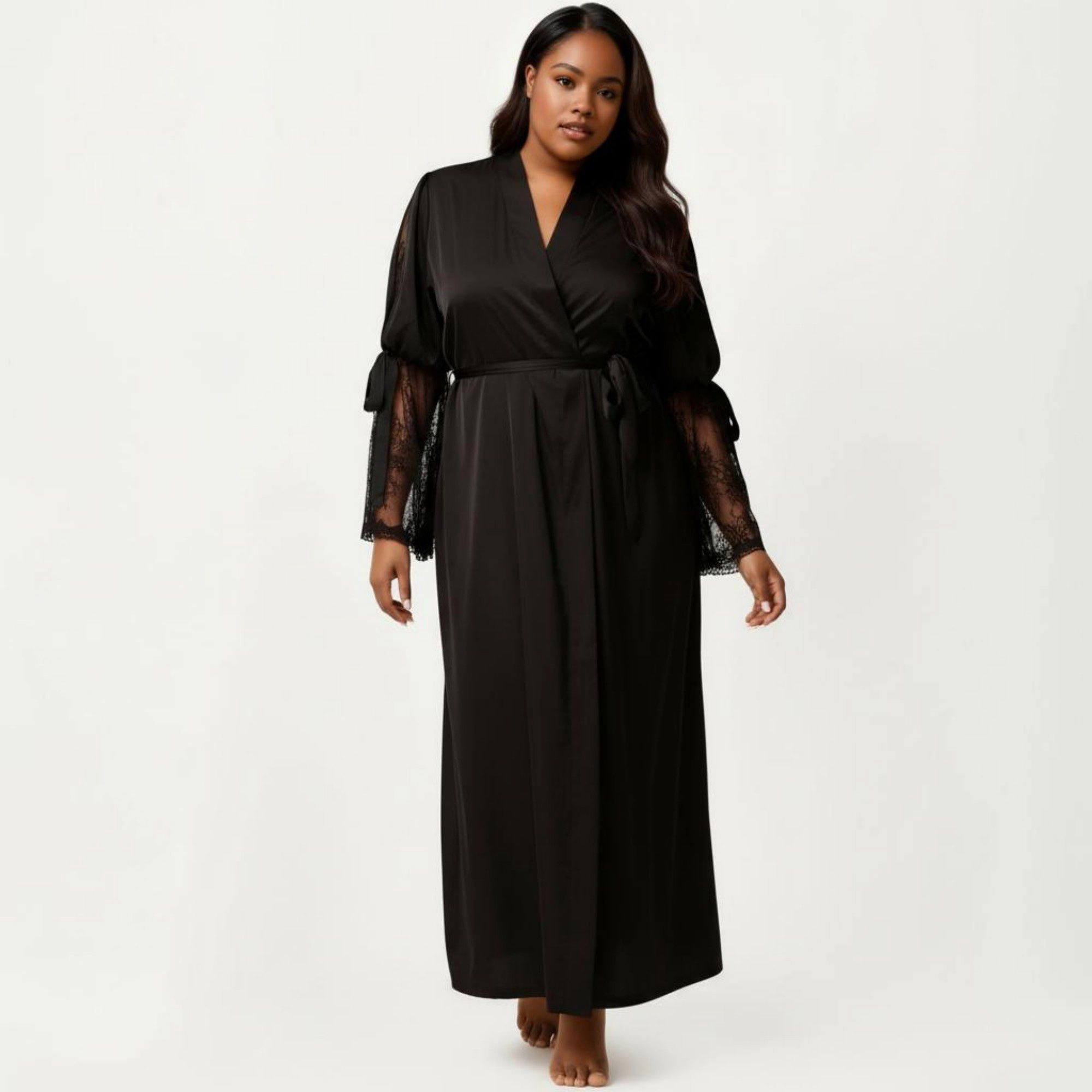 Anna-Kaci Women's Plus Long Satin Robe Lace Sleeve Wrap Nightgown Belted Kimono Sleepwear
