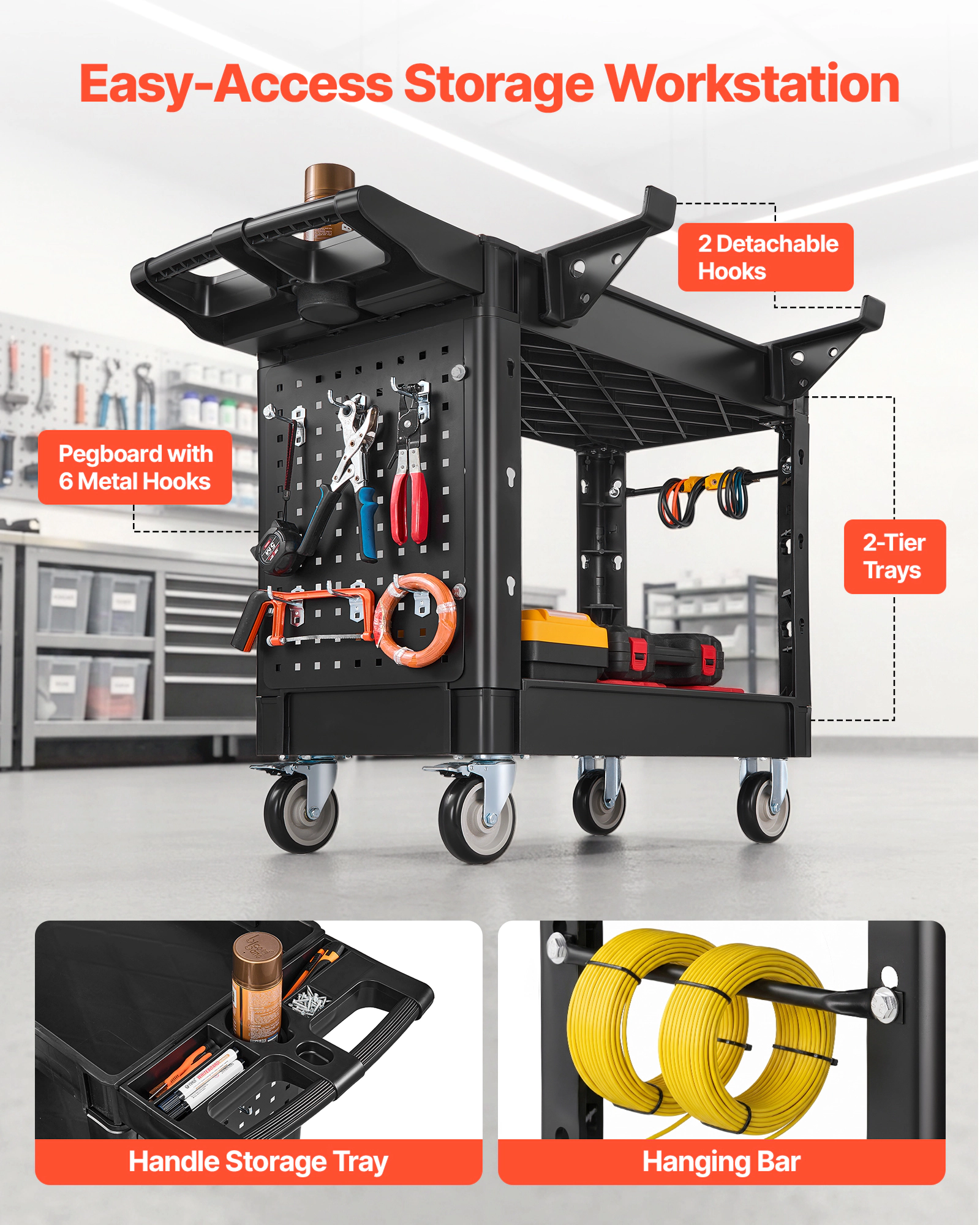 HONGGE 2-Tier Plastic Utility Cart with Pegboard and Storage Tray, 550 lb Capacity, Swivel and Fixed Wheels for Garage