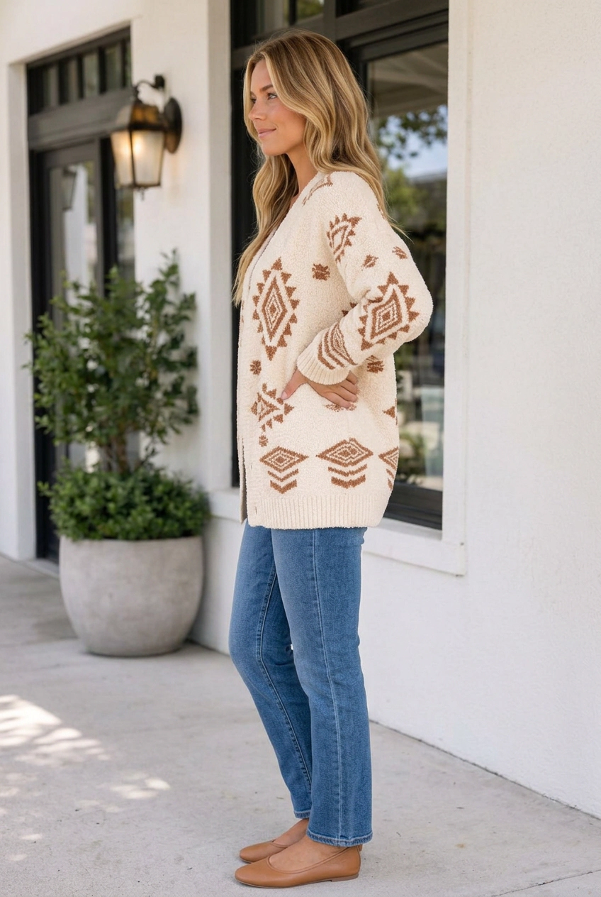 Threaded Pear Women's Frankie Print Open Knit Sweater