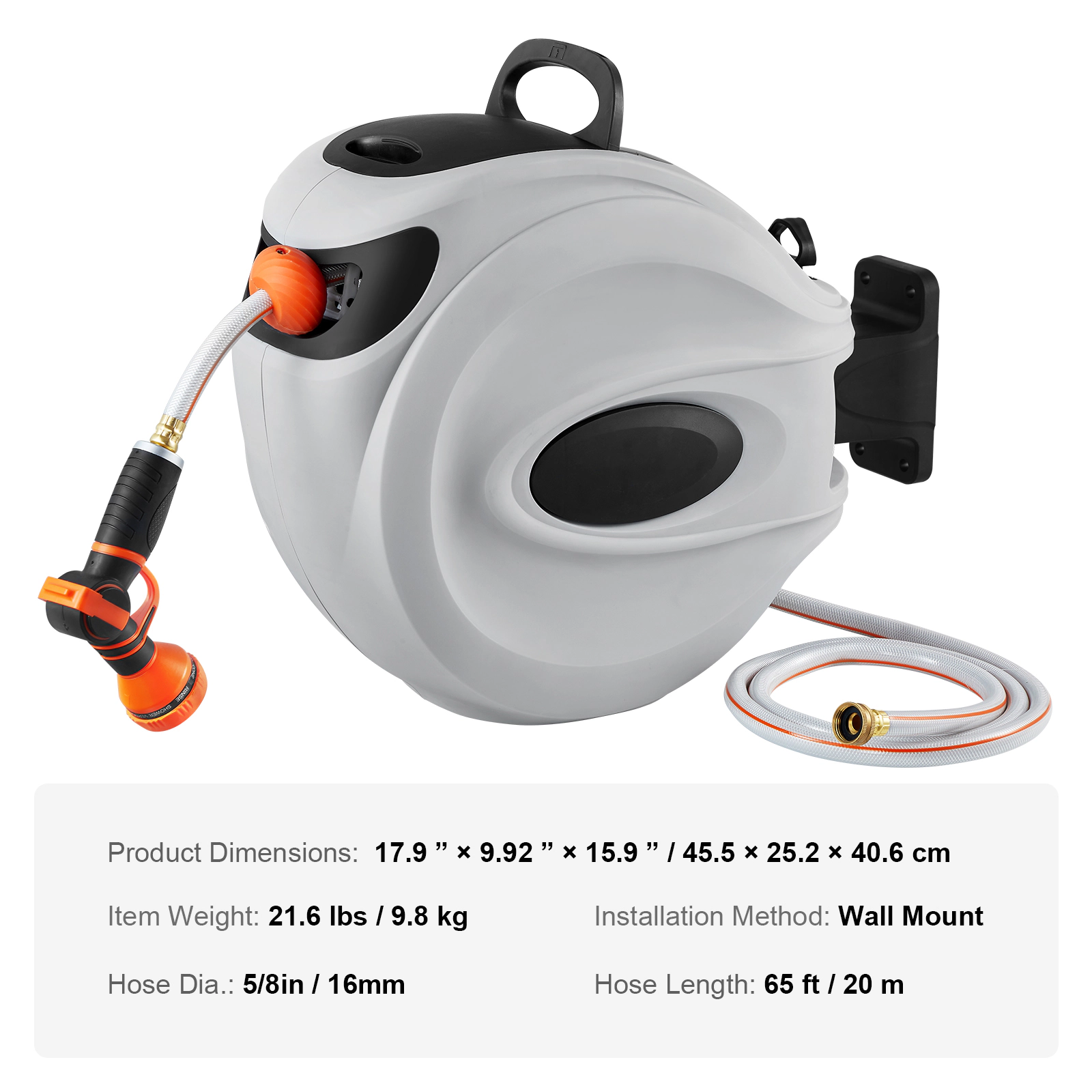 HONGGE Retractable Garden Hose Reel, 5/8 in x 65 ft, Wall-Mounted, Auto Rewind, 9-Pattern Nozzle, 180 Swivel Bracket