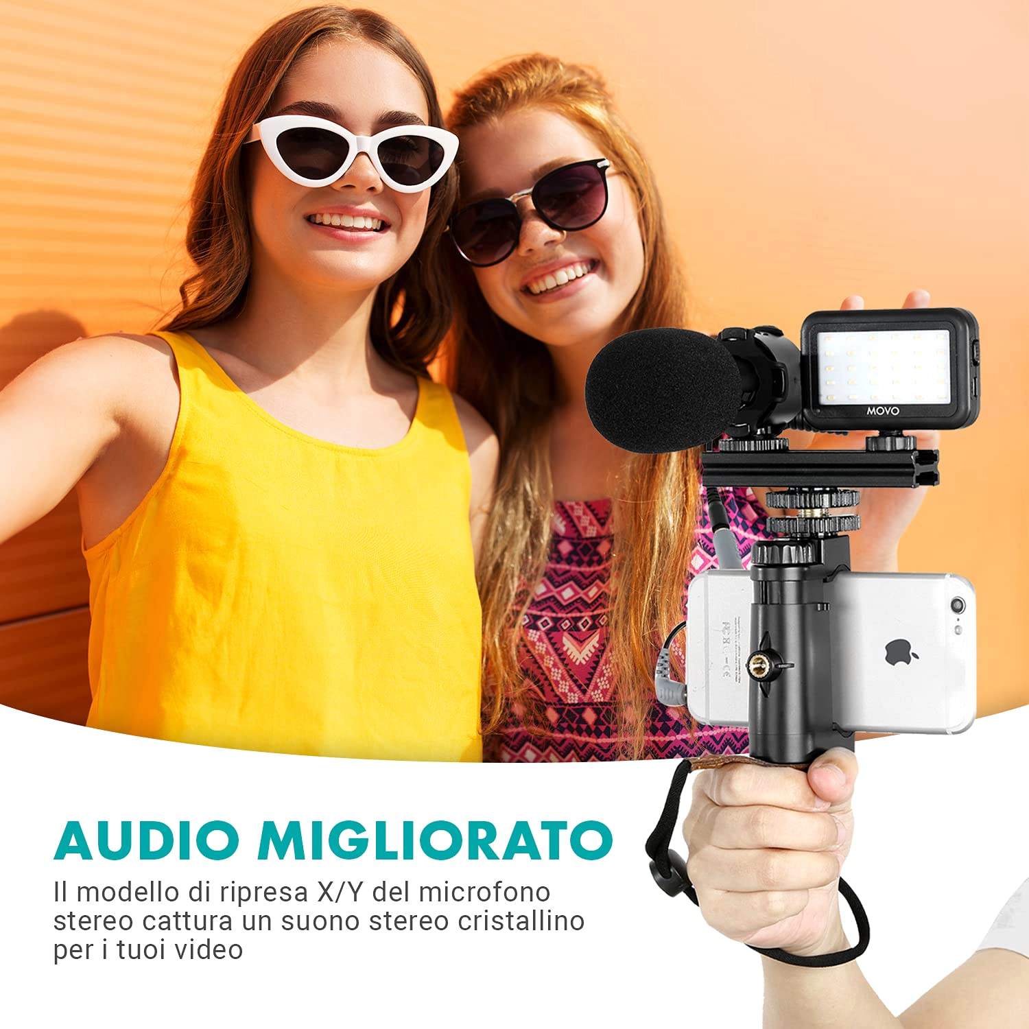 Movo V7+ YouTube Starter Kit - Vlogging Kit for iPhone with Tripod Grip Stereo Microphone LED Light and Remote