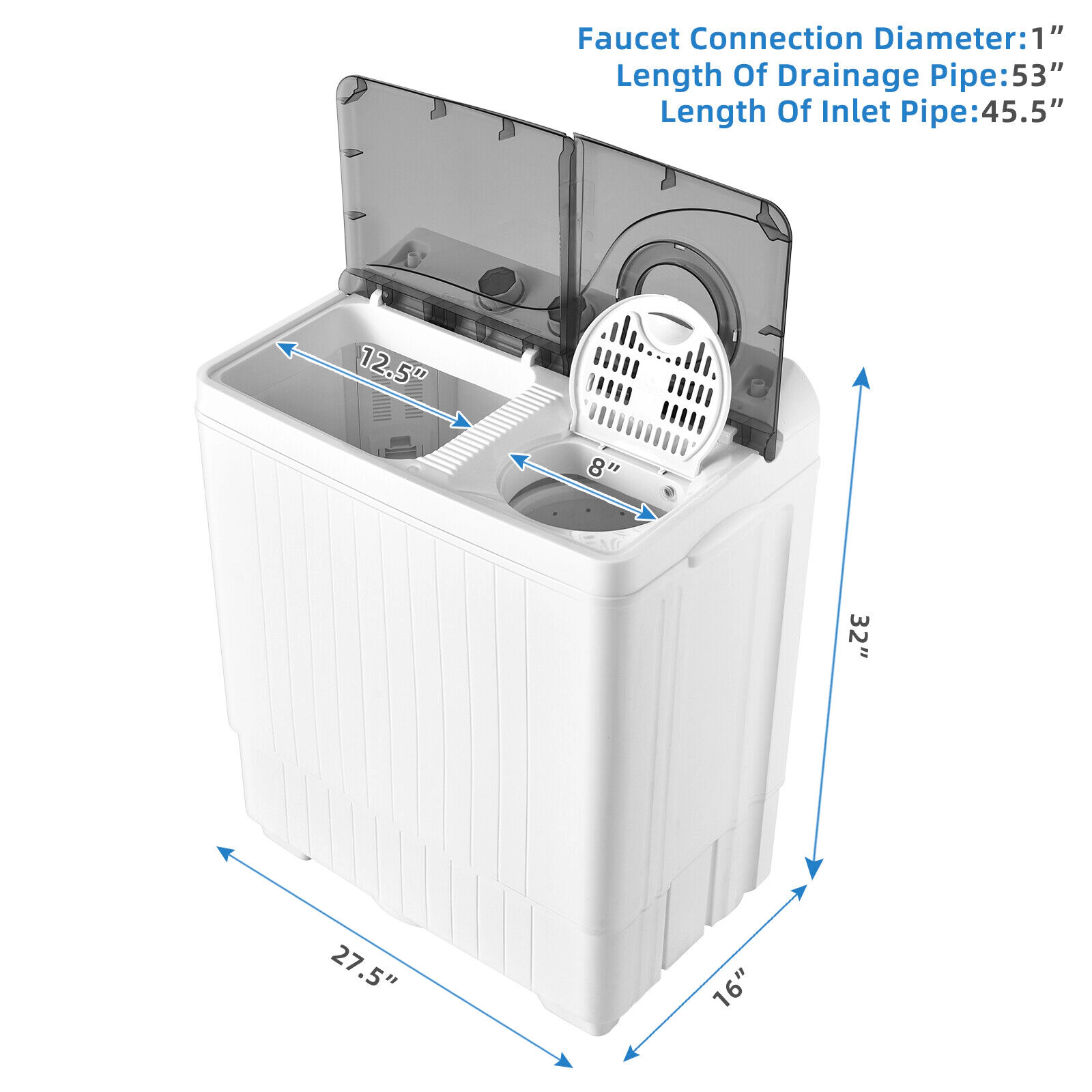SUGIFT Twin Tub Portable Washing Machine with Built-In Drain Pump 18-lb Wash 8-lb Spin Blue/Black
