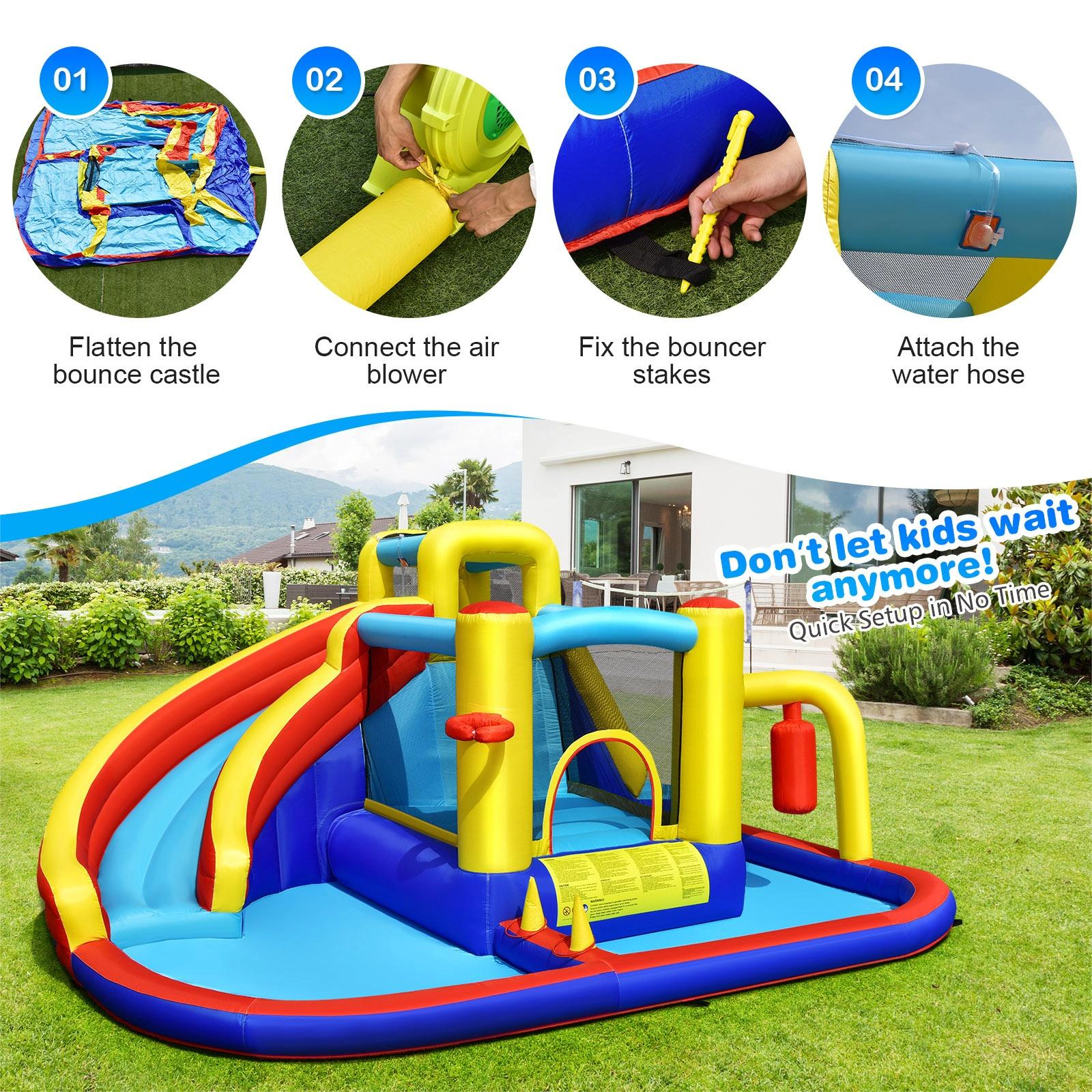 SUGIFT 7-in-1 Inflatable Water Slide Bounce House with 735W Air Blower & Splash Pool 66-lb Capacity Ages 3-12 Multicolor