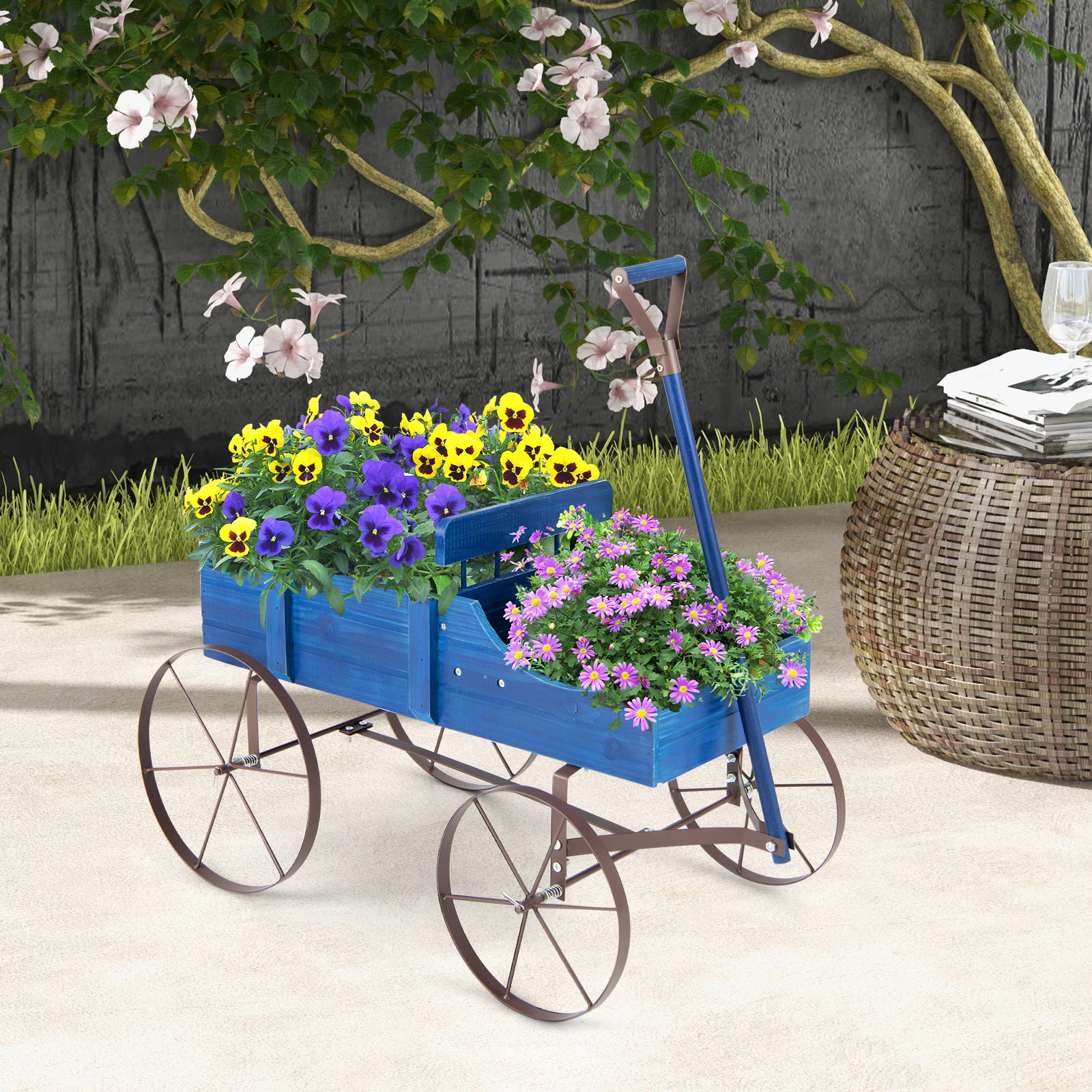 Hivvago Wooden Wagon Plant Bed With Wheel for Garden Yard
