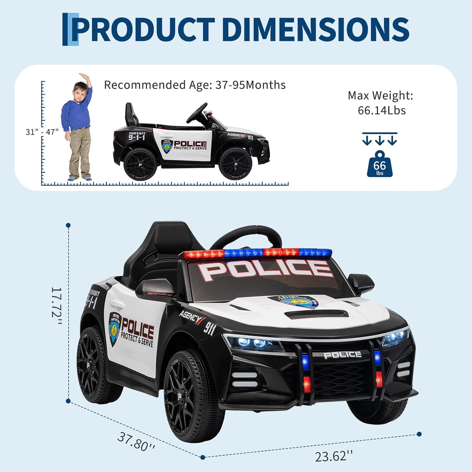 Kids Police Ride On Car, Battery Powered Electric Cop Car Toy w Remote, Emergency Tones,Flashing Lights,Music&Suspension