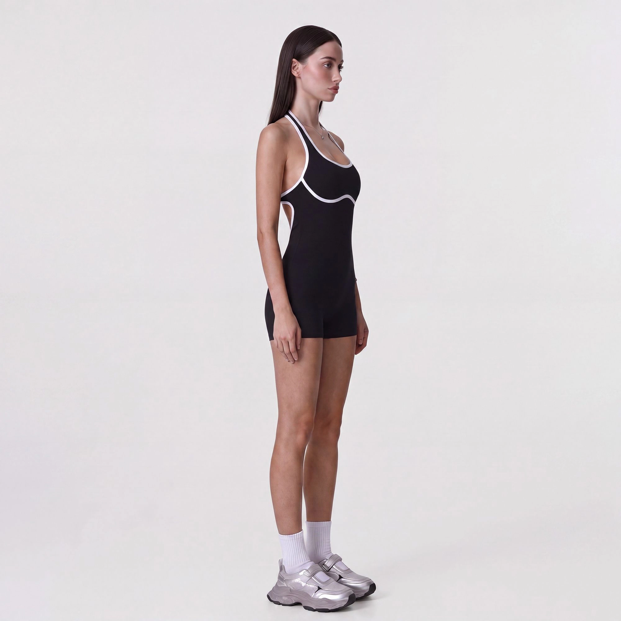 Anna-Kaci Women's Sleeveless Active Romper with Built-In Bra Halter Neck Contrast Trim and Fitted Shorts