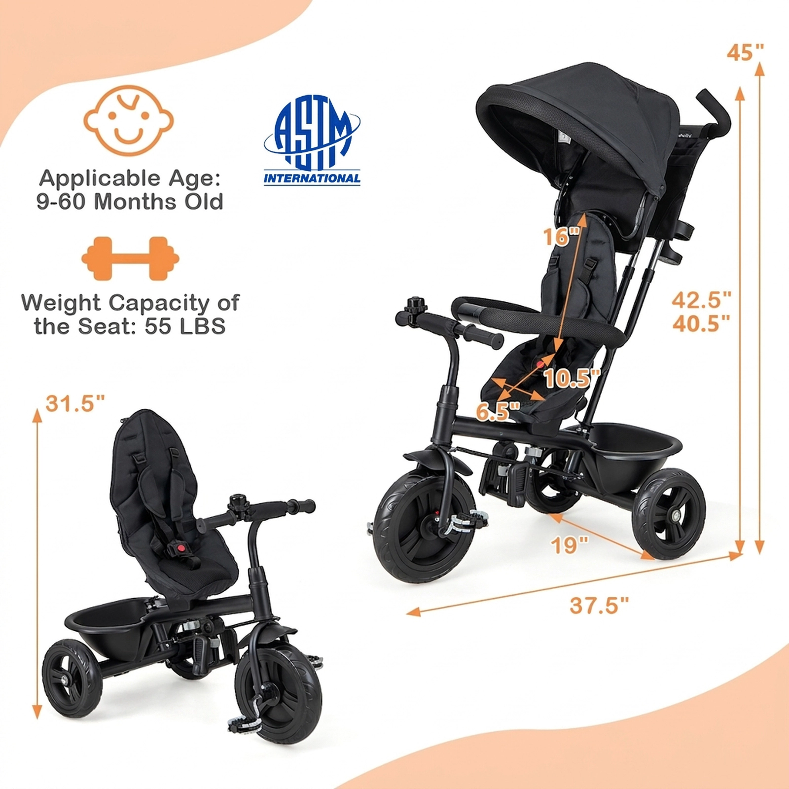 SUGIFT 4-in-1 Baby Trike Stroller with Removable Canopy and Adjustable Push Handle 55-lb Seat Capacity Ages 9-60