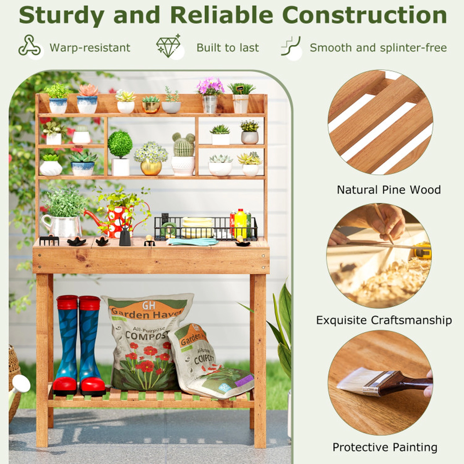 SUGIFT 100-lb Capacity 60-in Brown Wooden Potting Bench Table with 3-Tier Shelf and Flip-Up Top