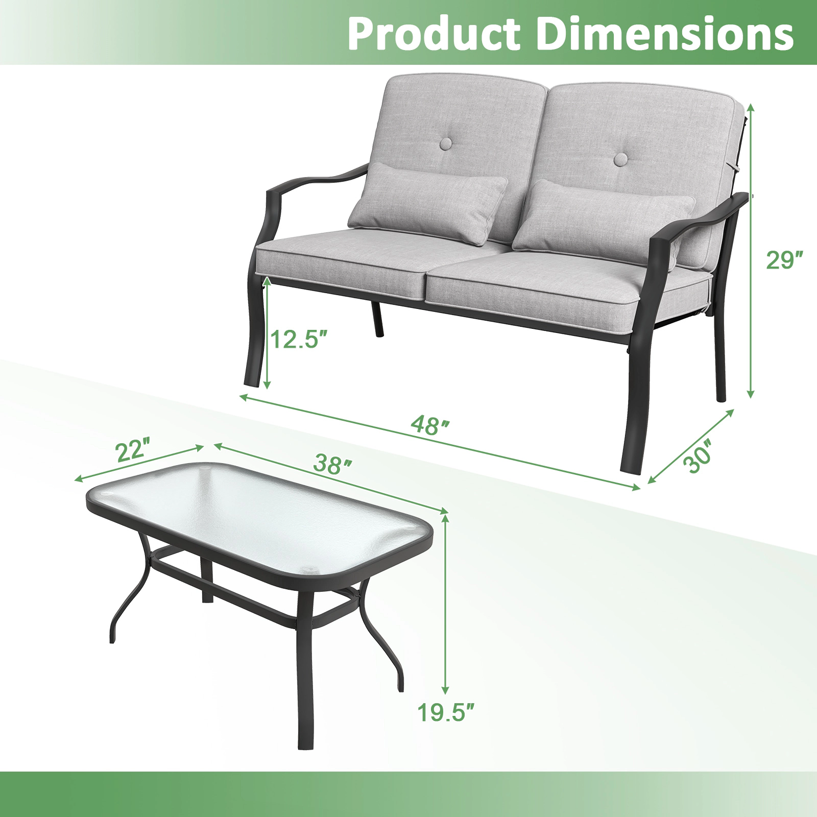 SUGIFT Outdoor Conversation Loveseat Set Tempered Glass Coffee Table 660-lb Loveseat Capacity Black Frame Gray Cushions